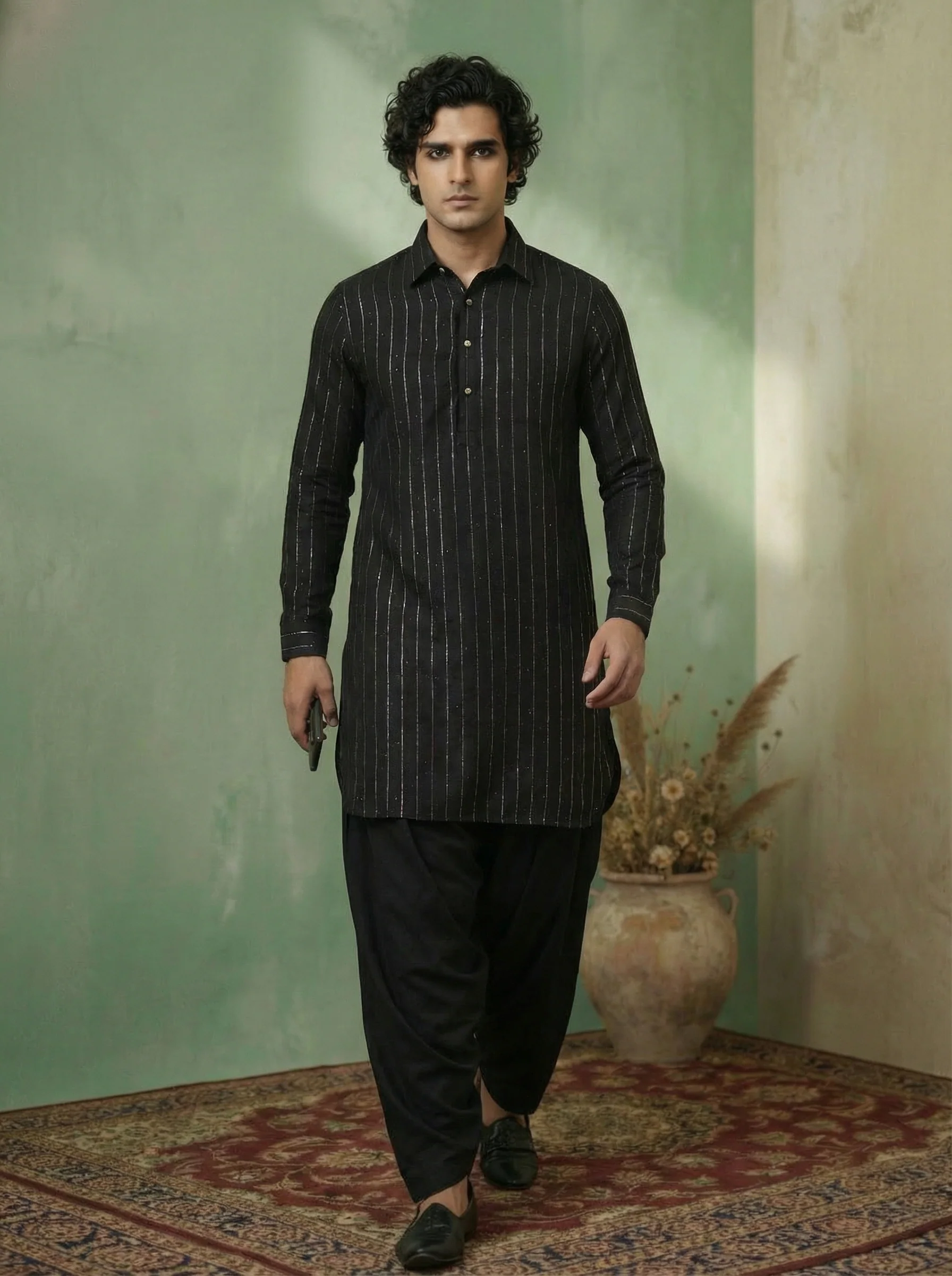 Black Silk Blend Self Design Pathani Kurta Patiyala Set