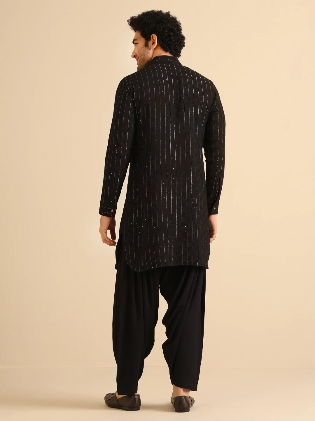 Black Silk Blend Self Design Pathani Kurta Patiyala Set - Image 4