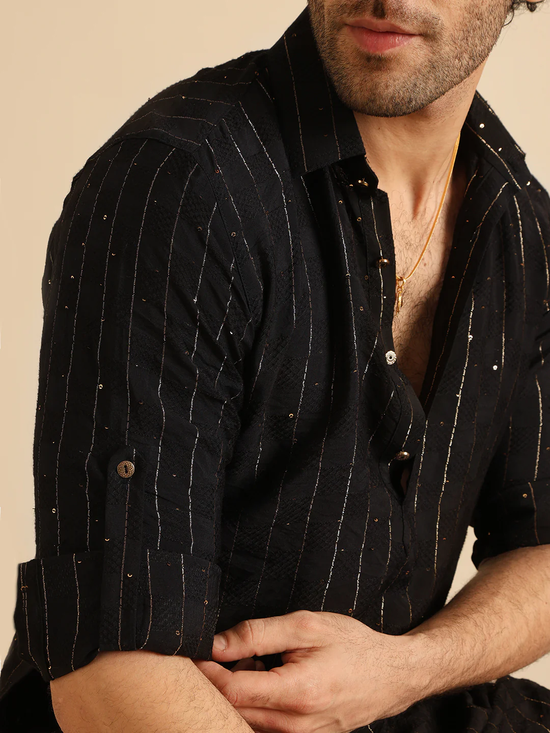 Black Silk Blend Self Design Pathani Kurta Patiyala Set - Image 5