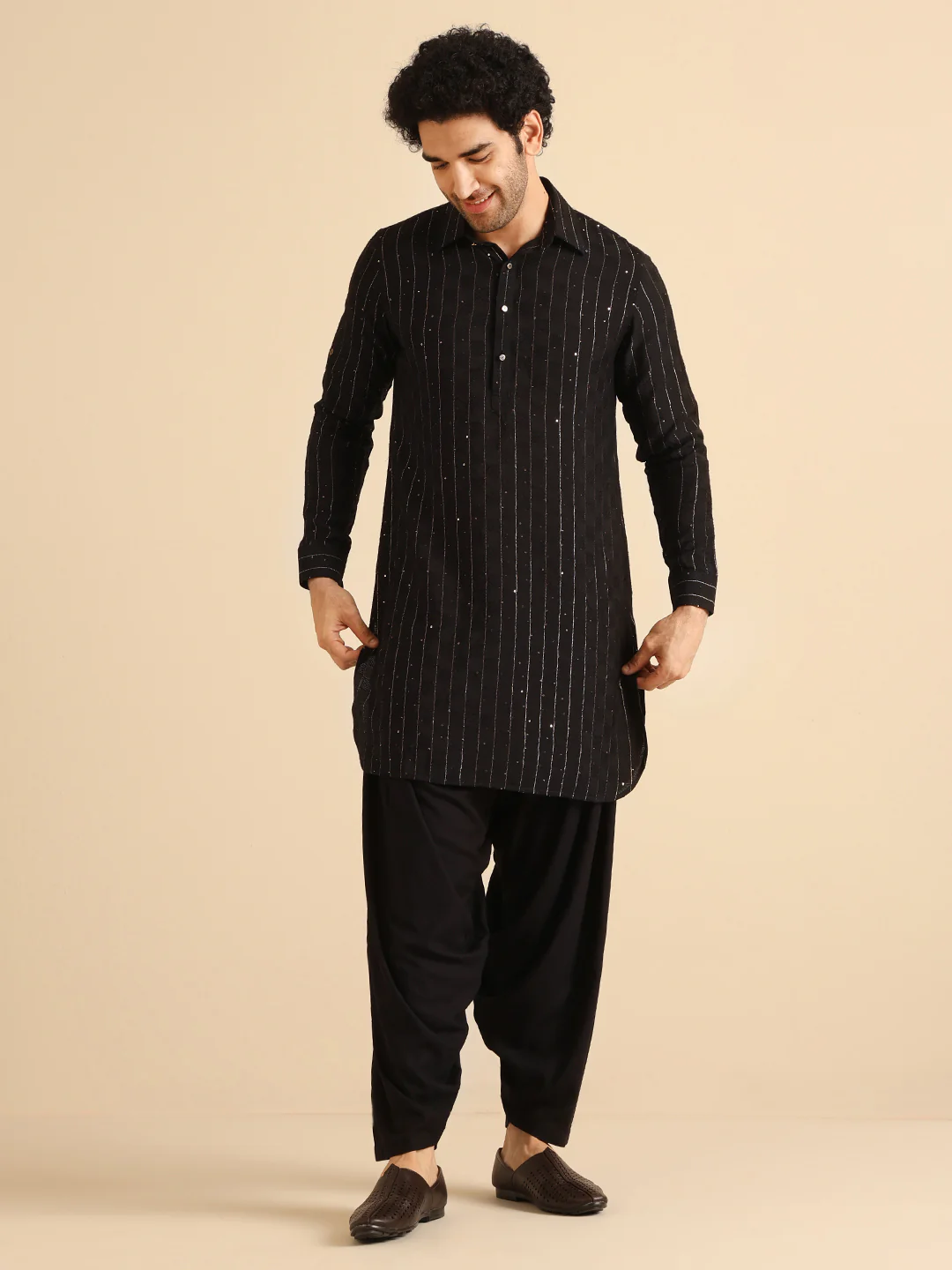 Black Silk Blend Self Design Pathani Kurta Patiyala Set - Image 8