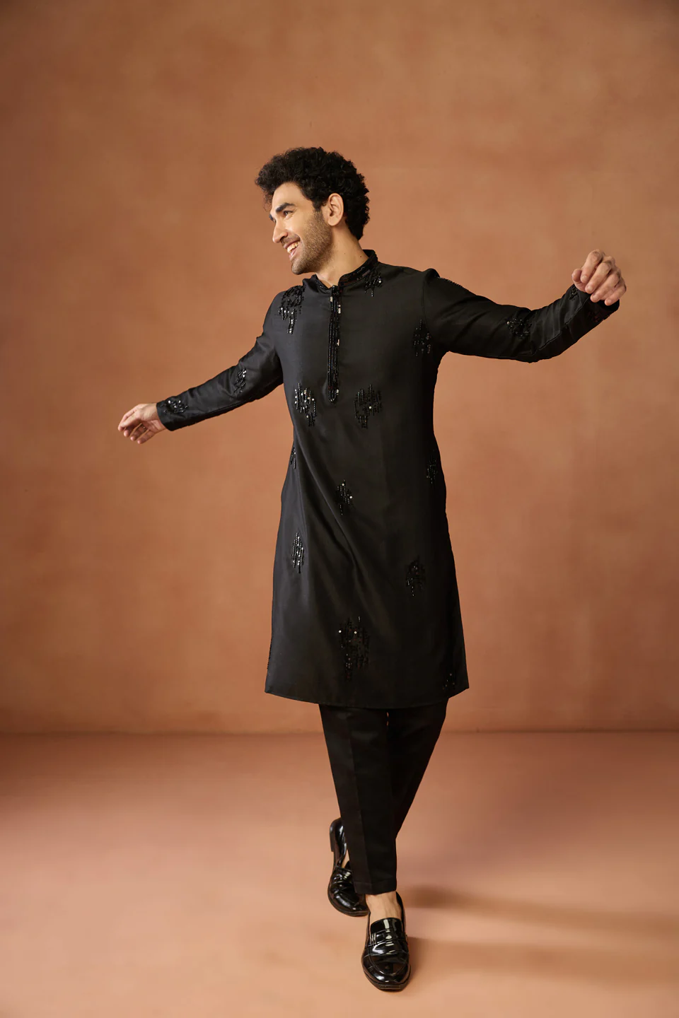 Black Silk Blend Sequin Embroidered Kurta Trouser Set - Image 7