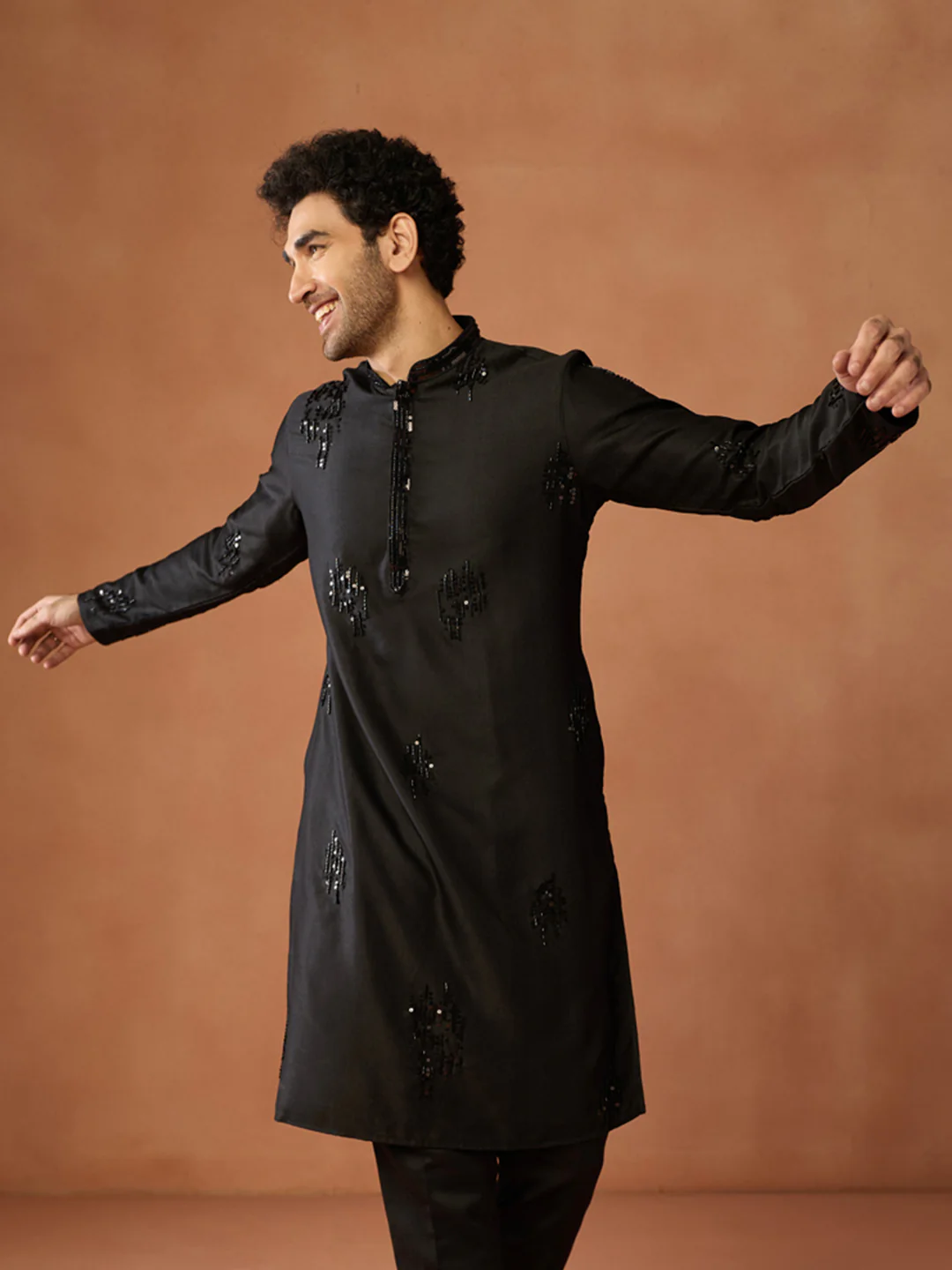 Black Silk Blend Sequin Embroidered Kurta Trouser Set - Image 8