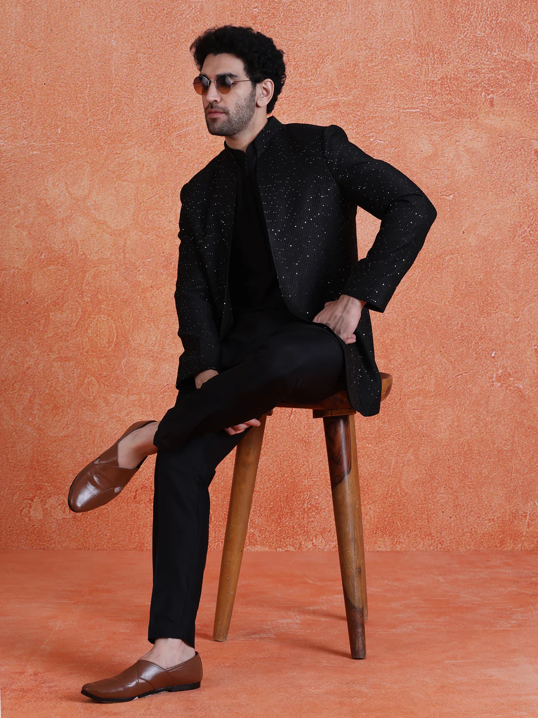 Black Silk Blend Sequin Mid Kurta Front Open Double Layer Short Sherwani Trouser Set