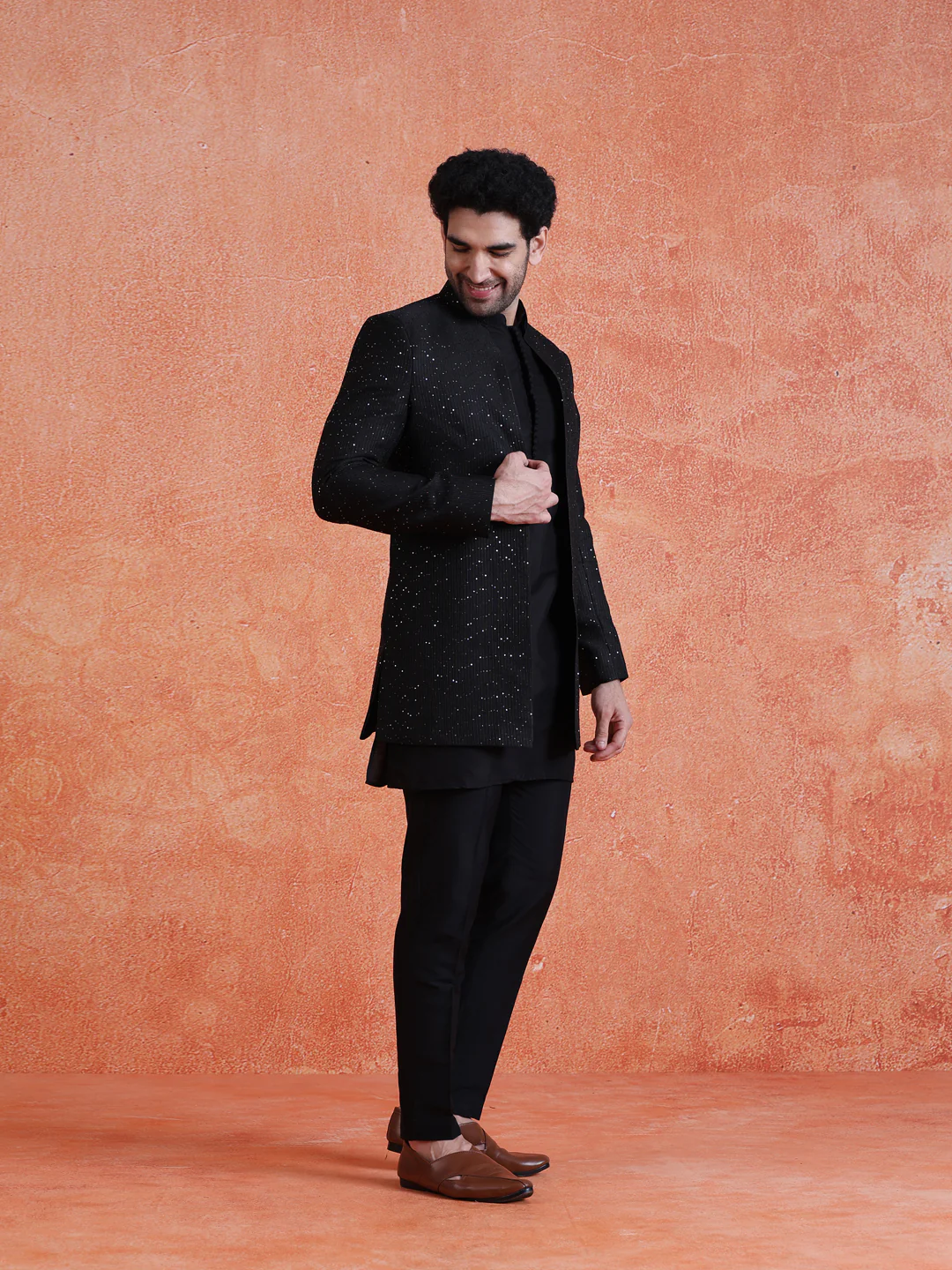 Black Silk Blend Sequin Mid Kurta Front Open Double Layer Short Sherwani Trouser Set - Image 3