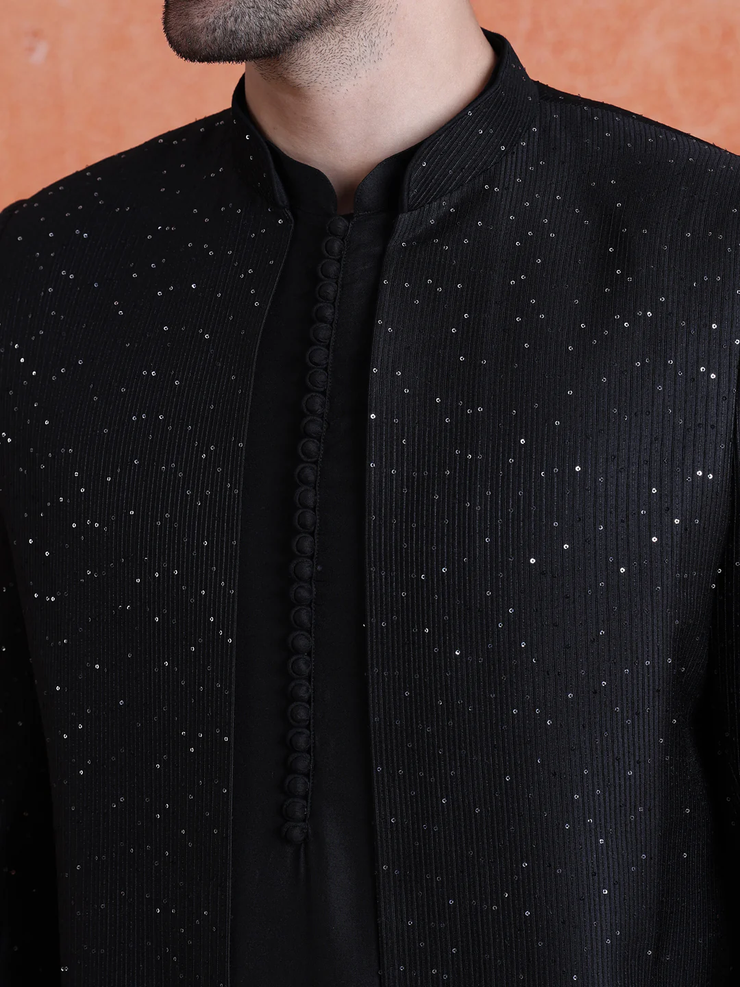Black Silk Blend Sequin Mid Kurta Front Open Double Layer Short Sherwani Trouser Set - Image 5
