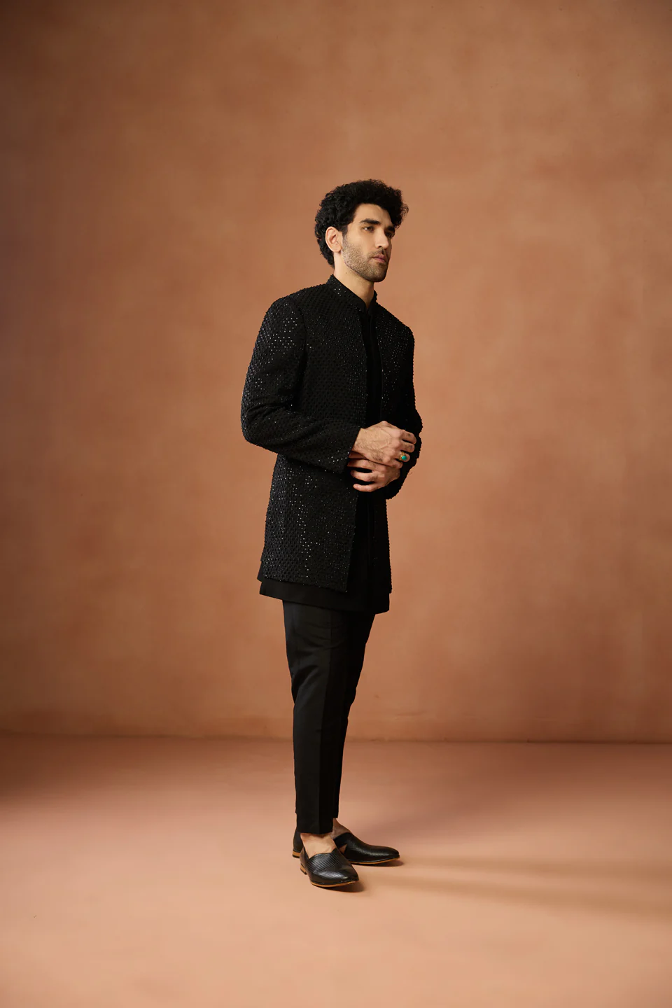 Black Silk Blend Sequin Sherwani Trouser Set - Image 3