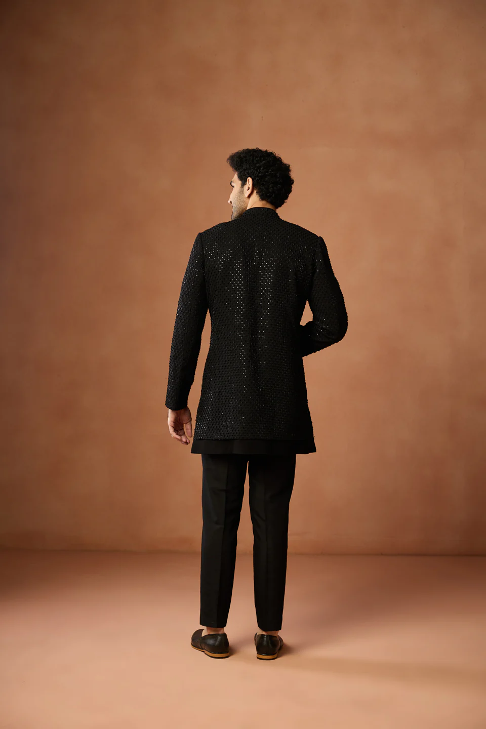 Black Silk Blend Sequin Sherwani Trouser Set - Image 4