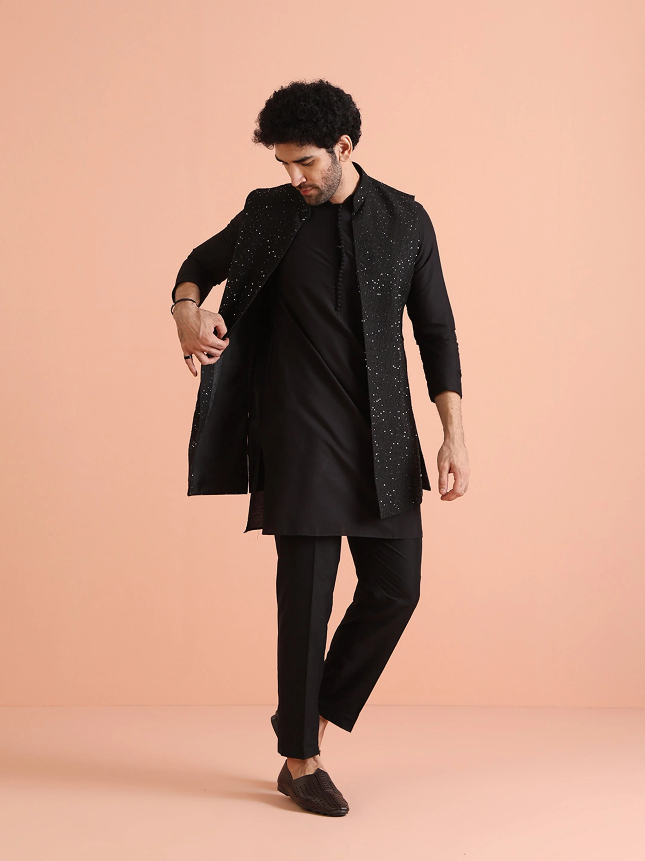 Black Silk Blend Sequined Nehru Jacket Set - Image 3