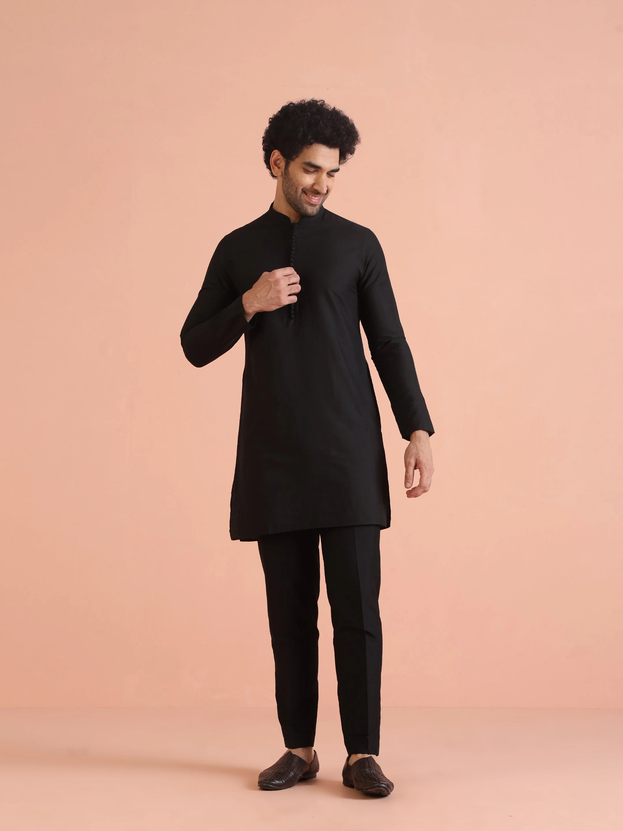 Black Silk Blend Solid Mid Kurta Trouser Set - Image 8