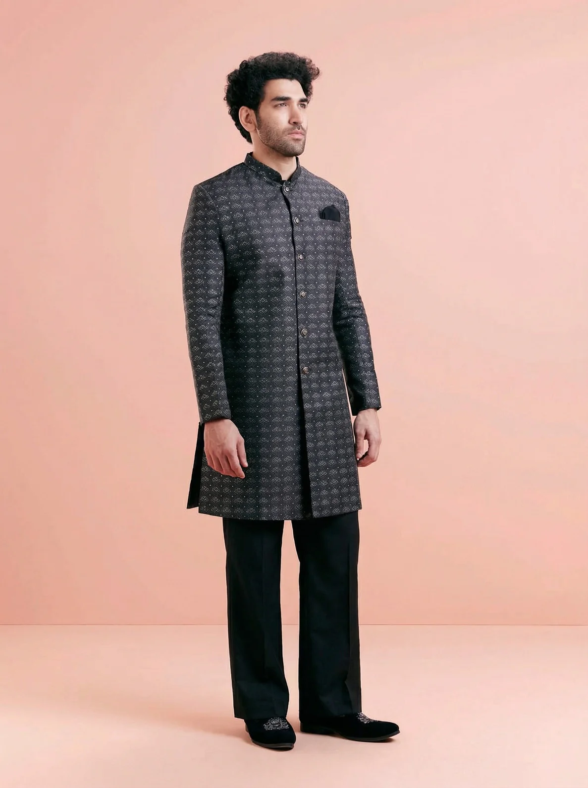 Black Silk Blend Textured Sherwani Wide Leg Trouser Set - Image 2