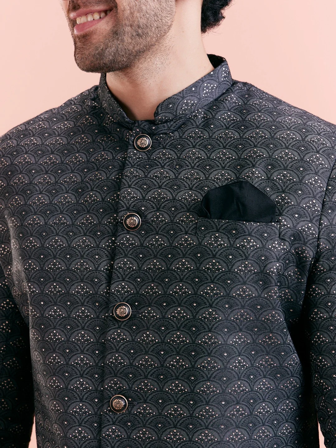 Black Silk Blend Textured Sherwani Wide Leg Trouser Set - Image 4