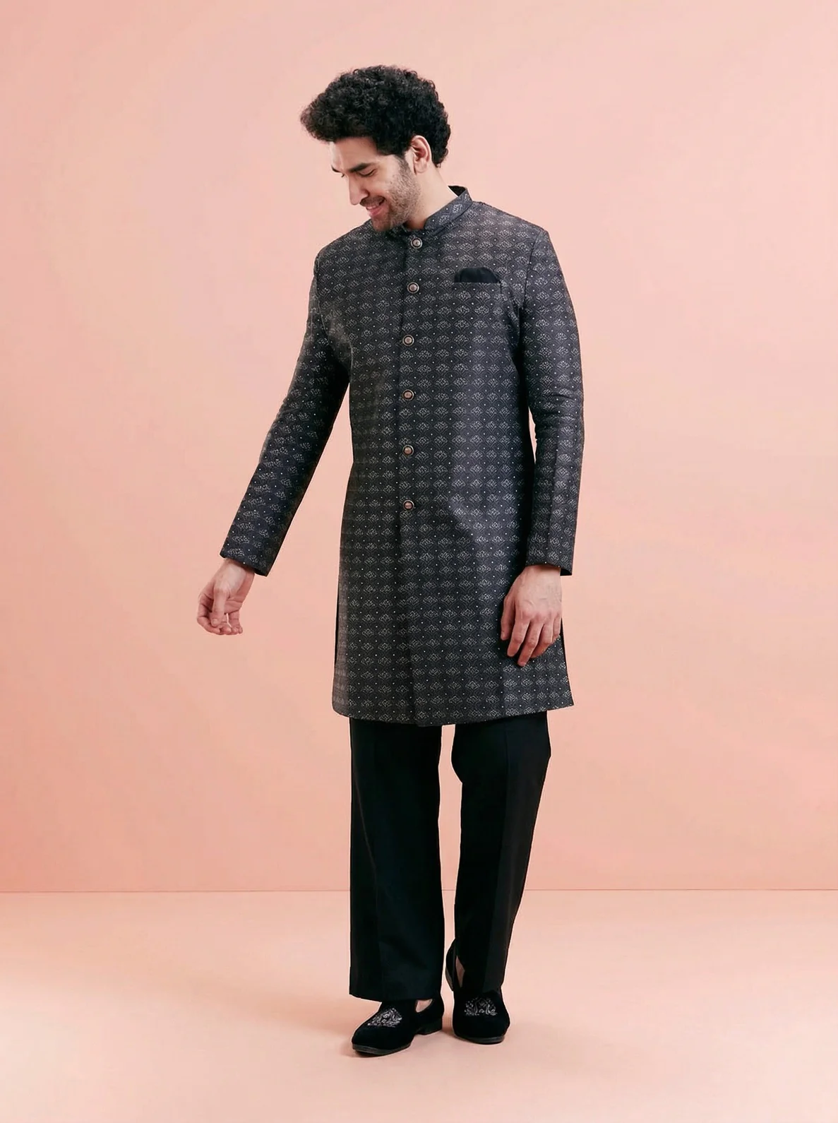 Black Silk Blend Textured Sherwani Wide Leg Trouser Set - Image 6