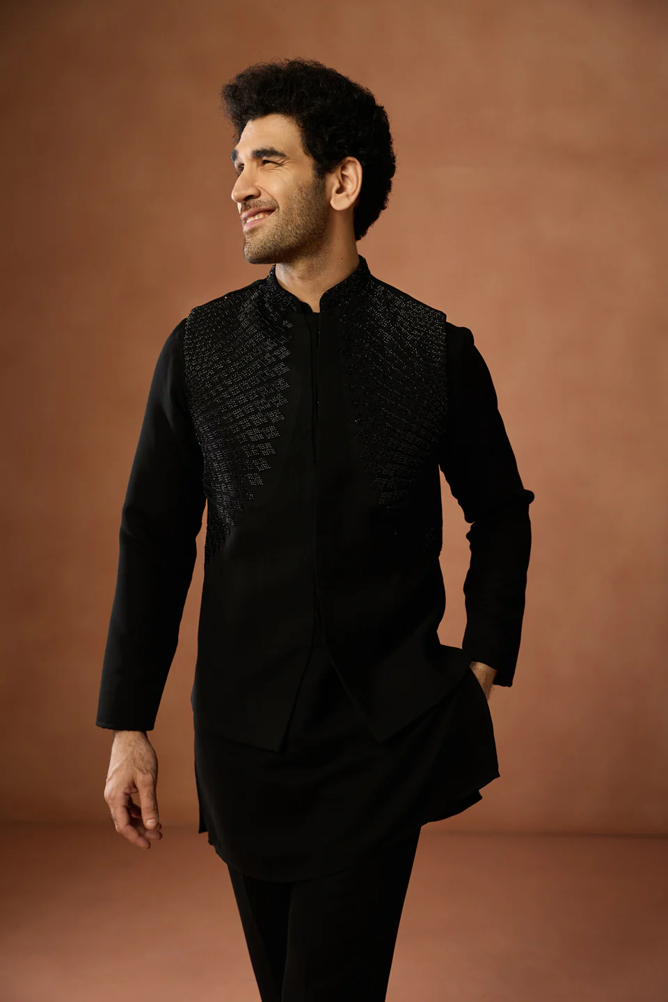 Black Silk Embroidered Nehru Jacket Festive Wear