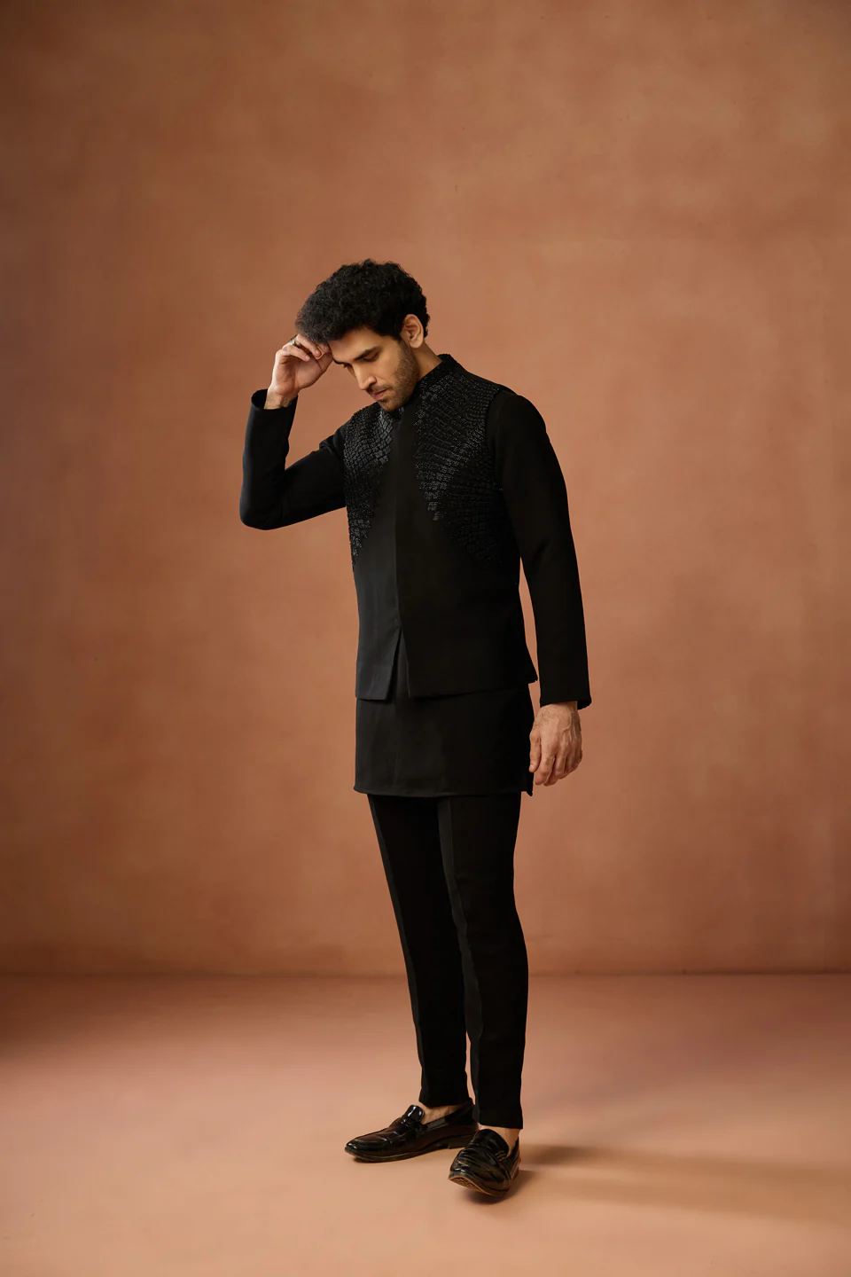 Black Silk Embroidered Nehru Jacket Festive Wear - Image 3