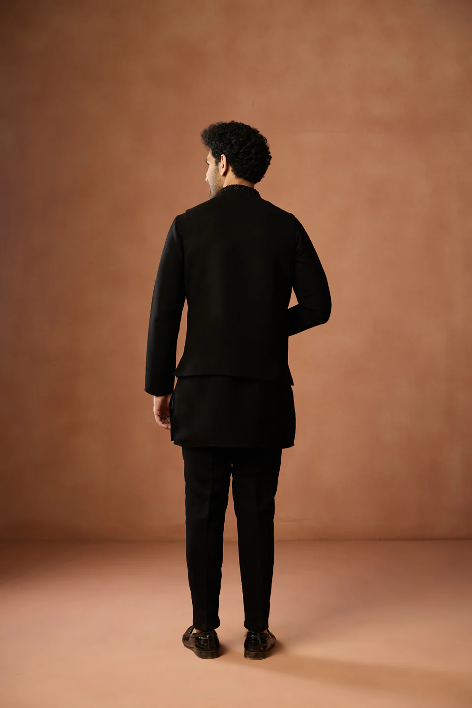Black Silk Embroidered Nehru Jacket Festive Wear - Image 4