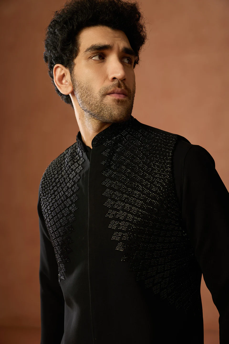 Black Silk Embroidered Nehru Jacket Festive Wear - Image 5