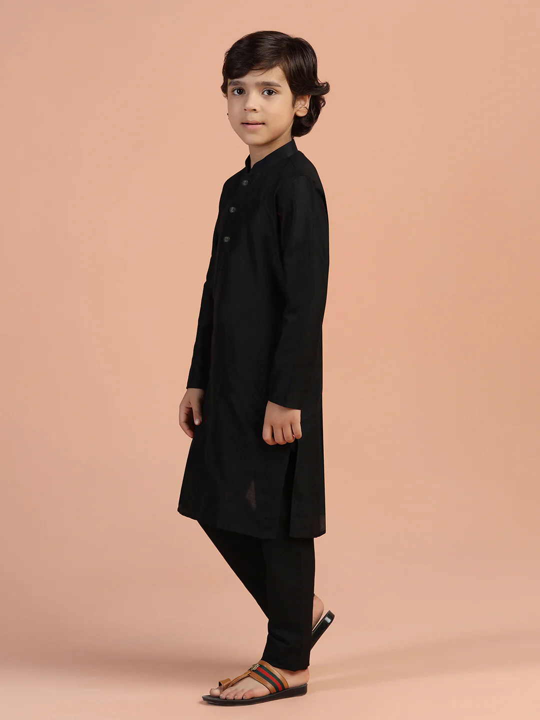 Black Solid Kids Kurta Pyjama Set - Image 2