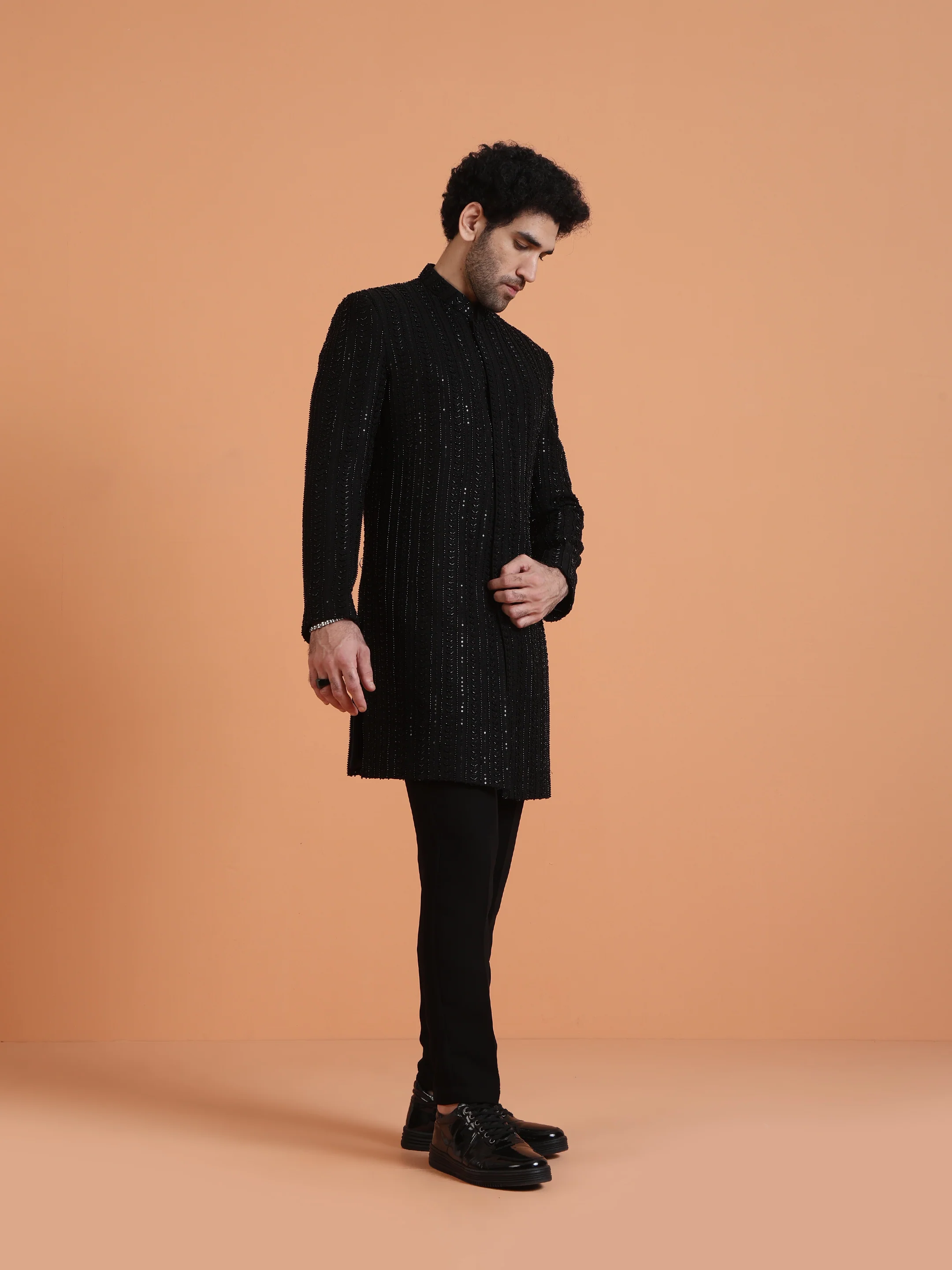 Black Velvet Sequin Sherwani Jodhpuri Trouser Set - Image 3
