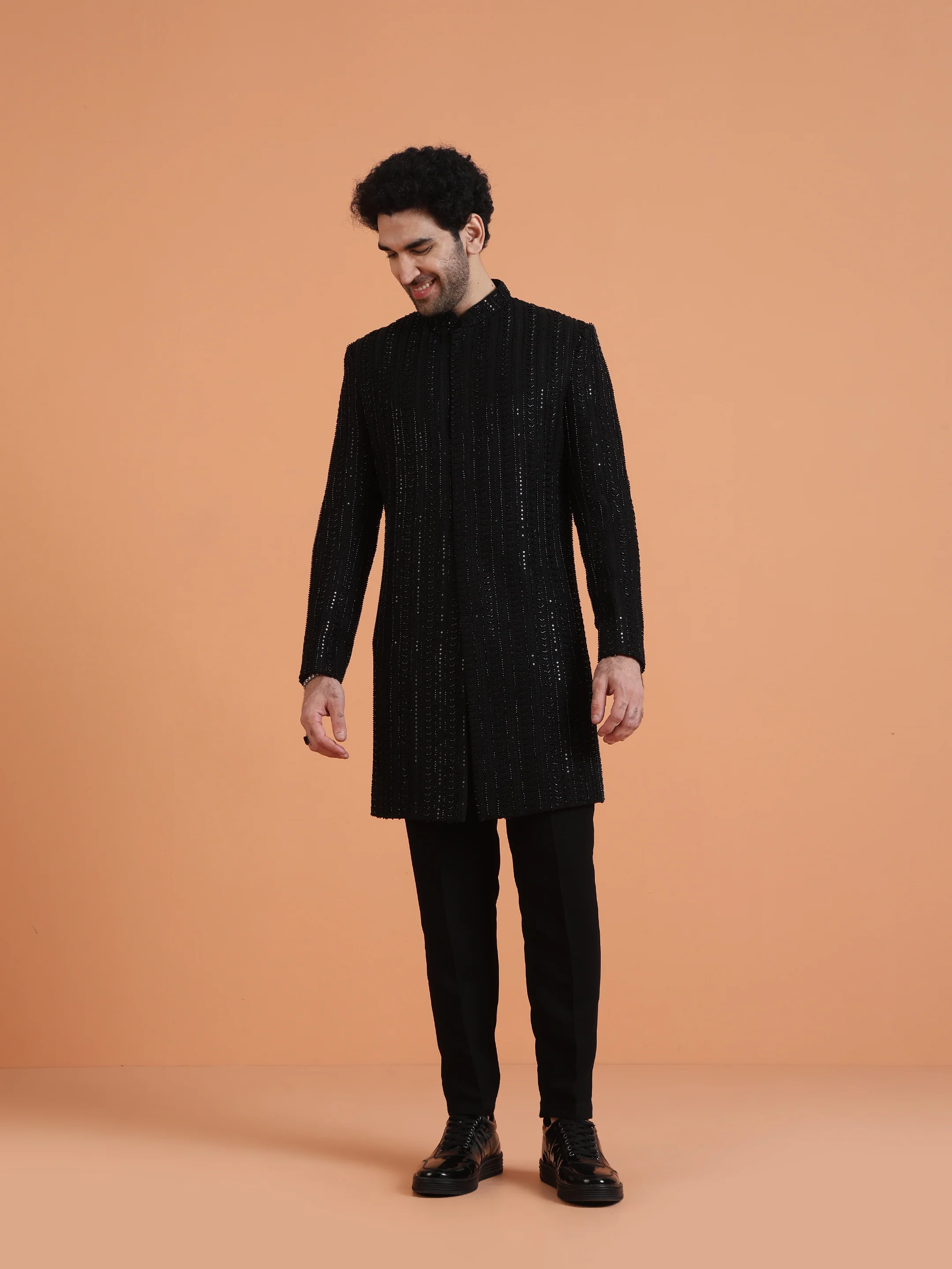 Black Velvet Sequin Sherwani Jodhpuri Trouser Set - Image 7