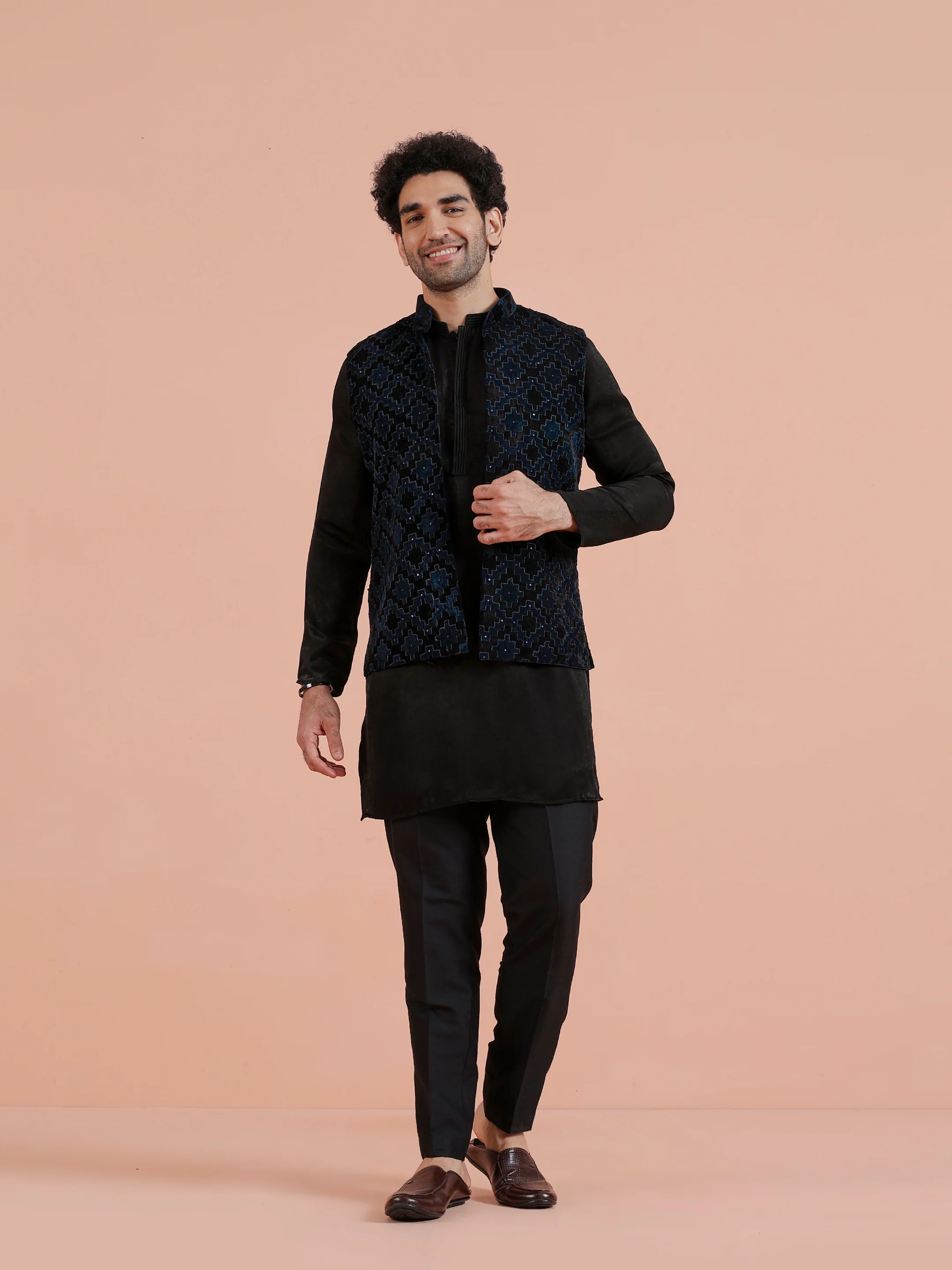 Black Velvet Textured Jacket Kurta Trouser Set - Image 7