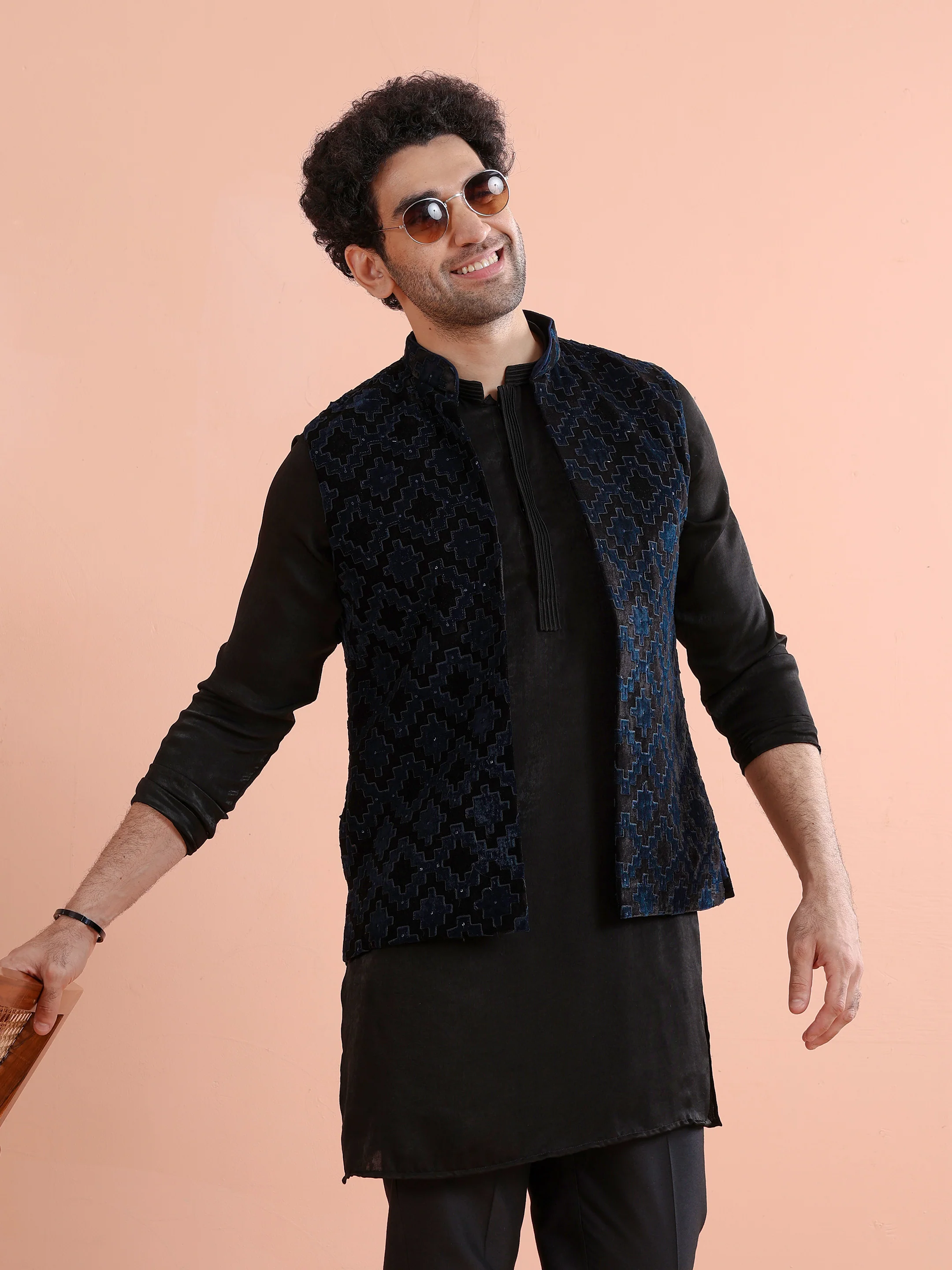 Black Velvet Textured Jacket Kurta Trouser Set - Image 9
