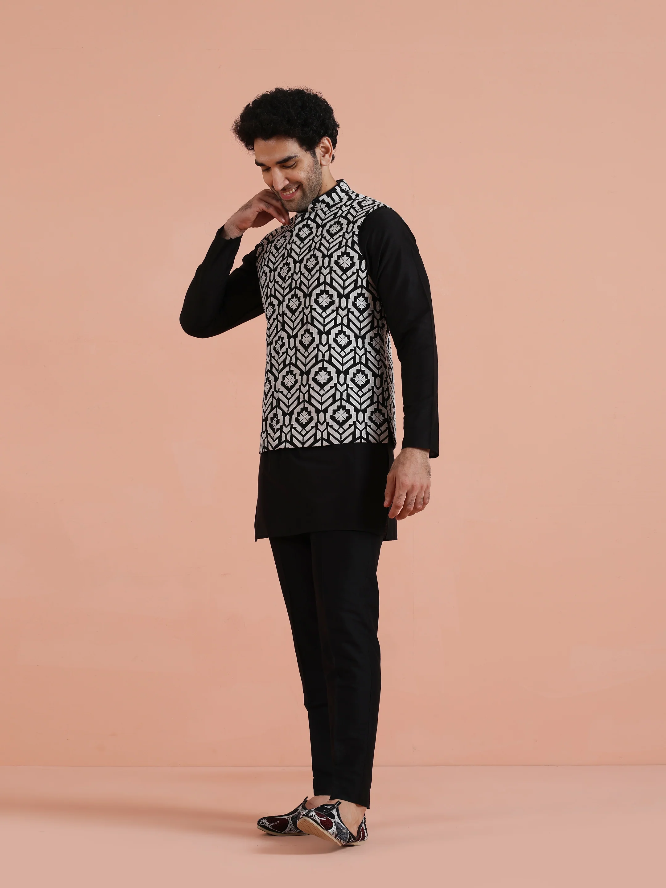 Black & White Geometric Printed Nehru Jacket - Image 2