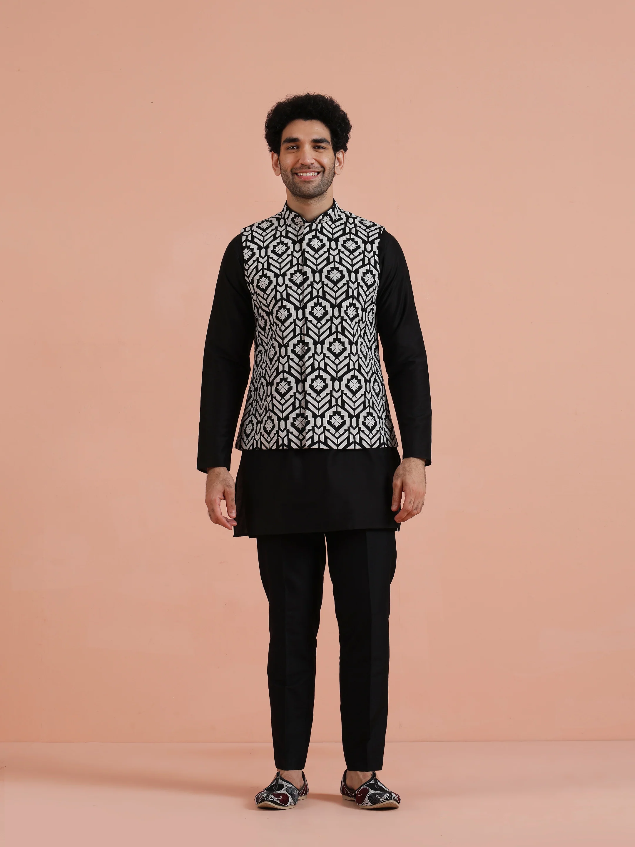 Black & White Geometric Printed Nehru Jacket - Image 6