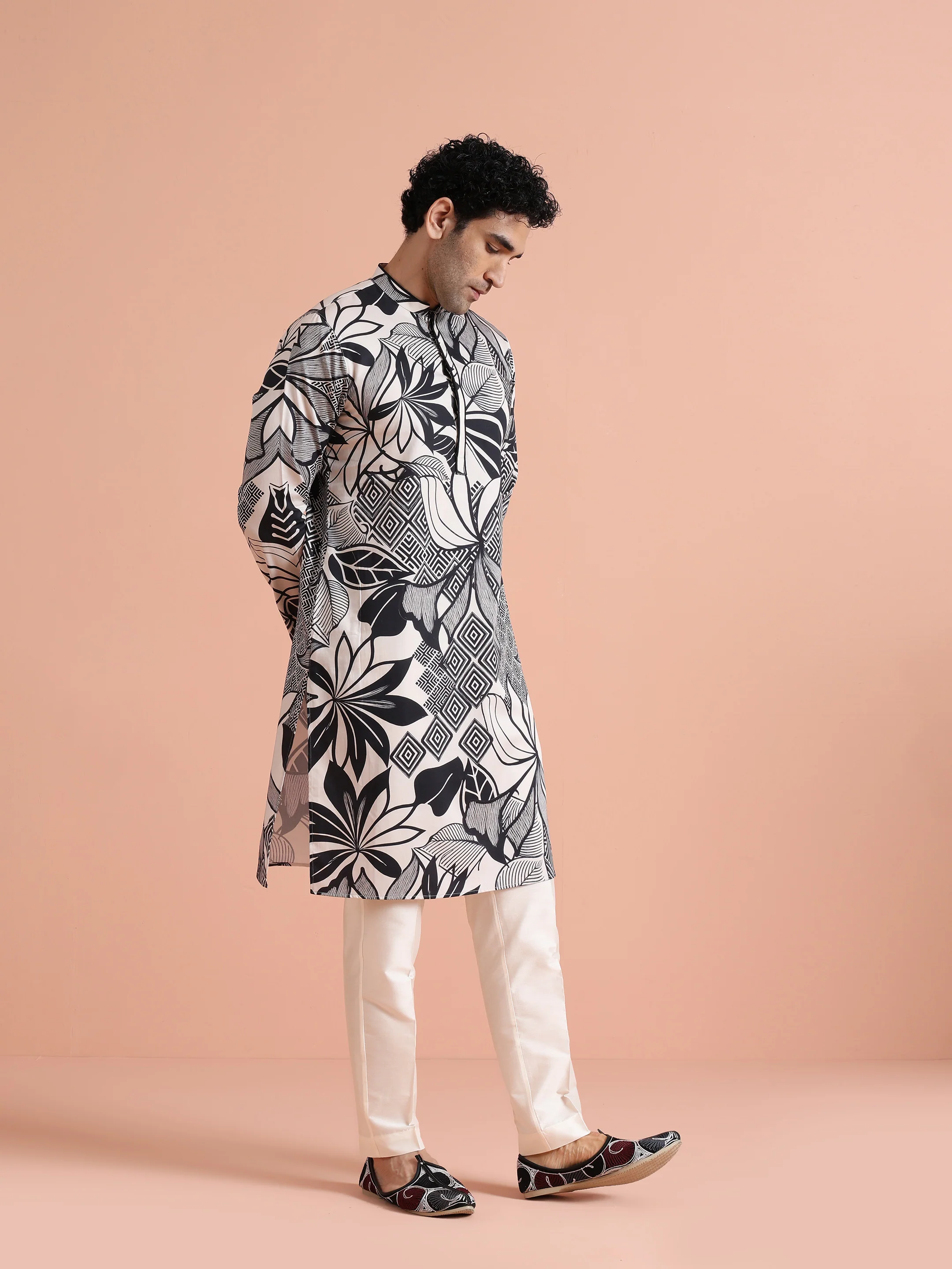 Black White Printed Cotton Kurta Trouser - Image 3