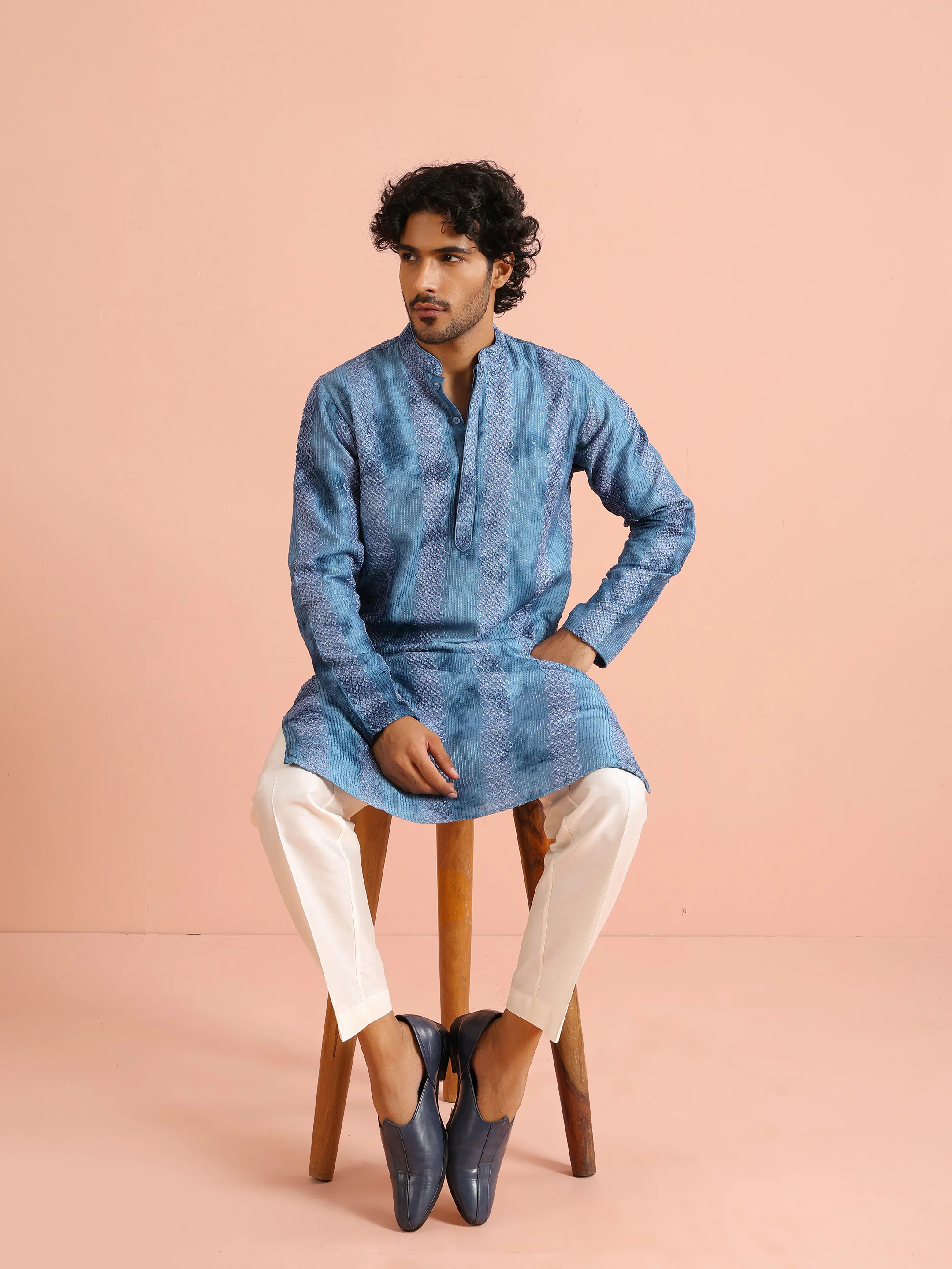 Blue Chanderi Embroidered Kurta Trouser Set