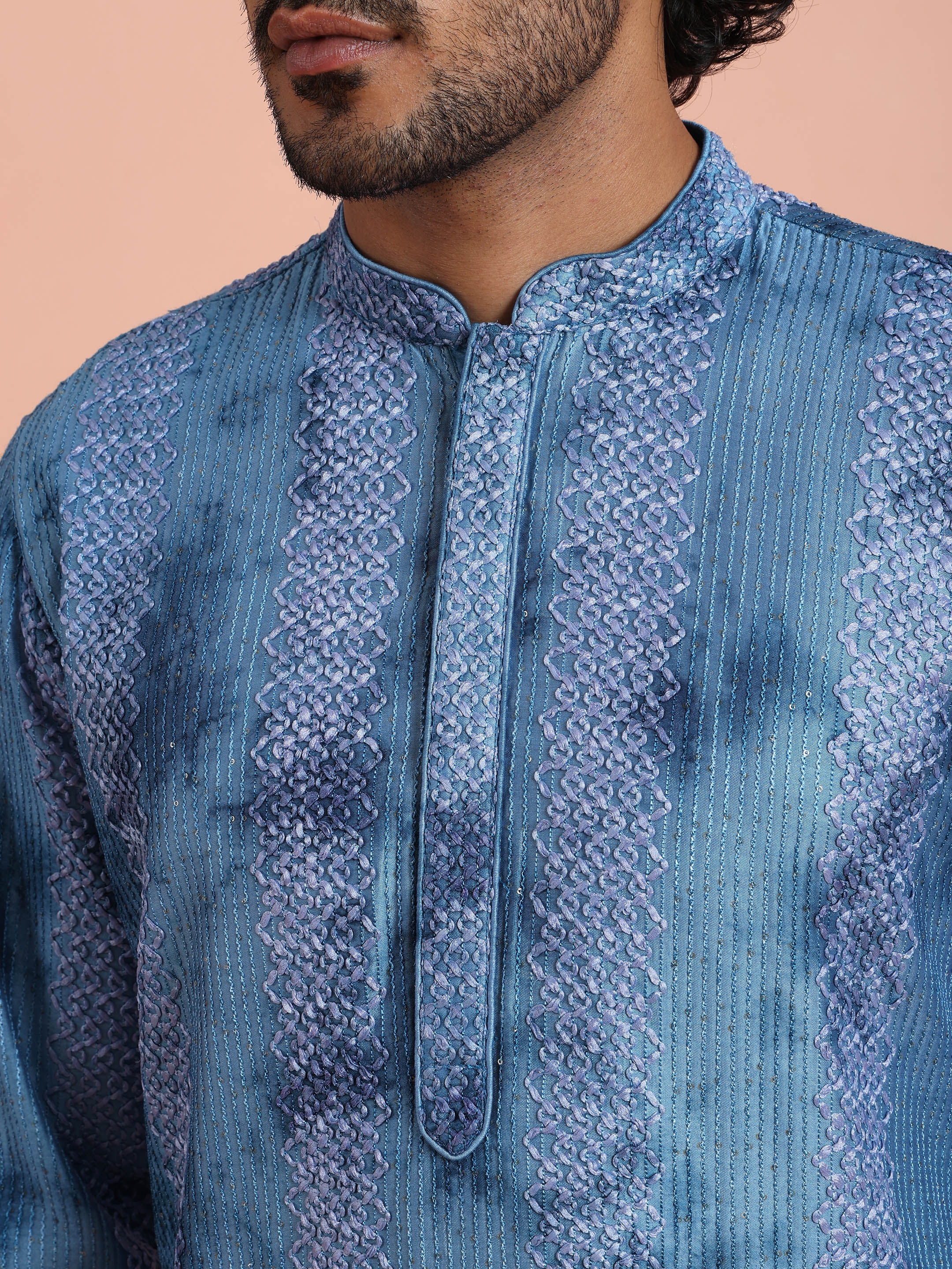 Blue Chanderi Embroidered Kurta Trouser Set - Image 5
