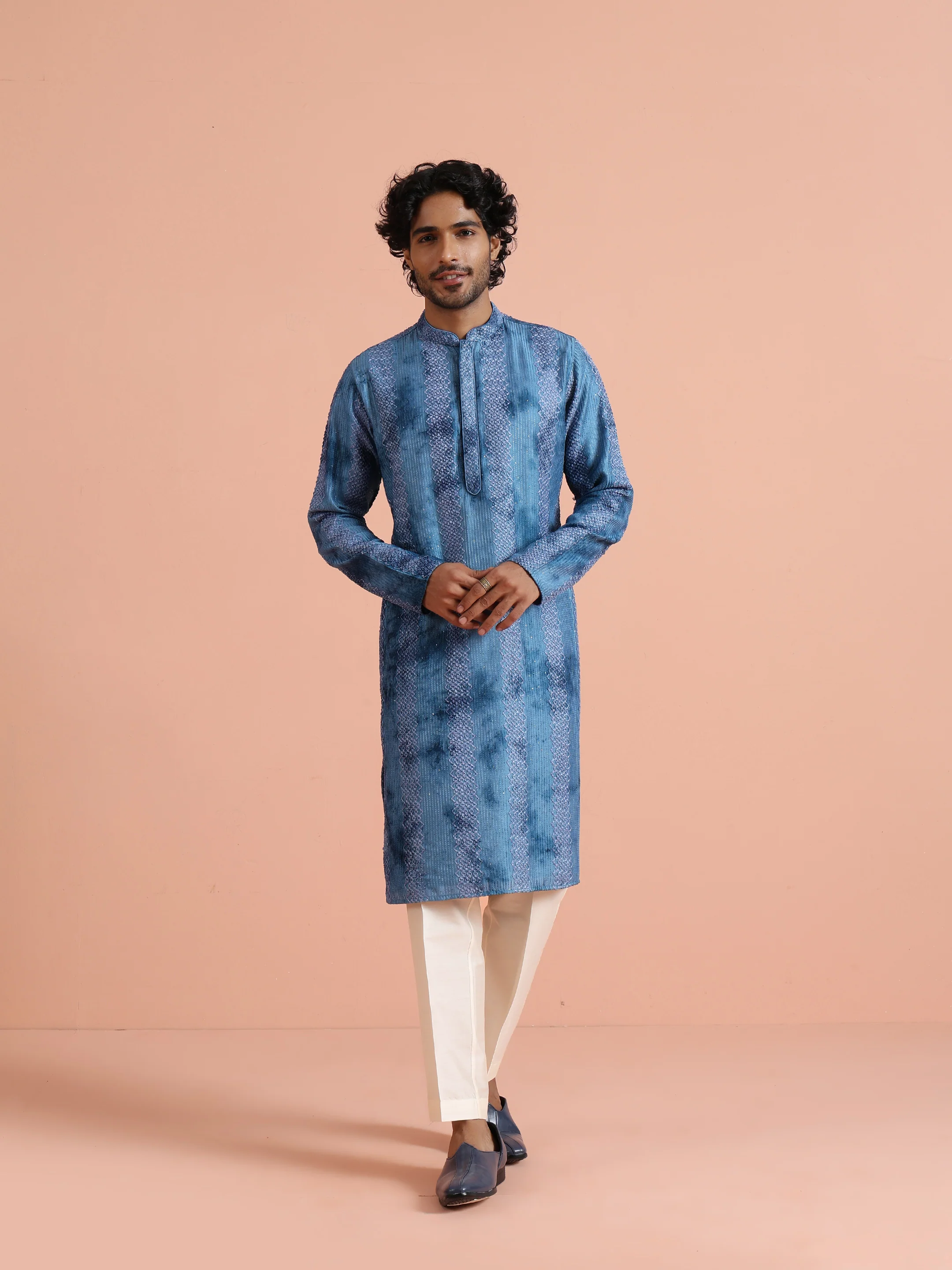 Blue Chanderi Embroidered Kurta Trouser Set - Image 7