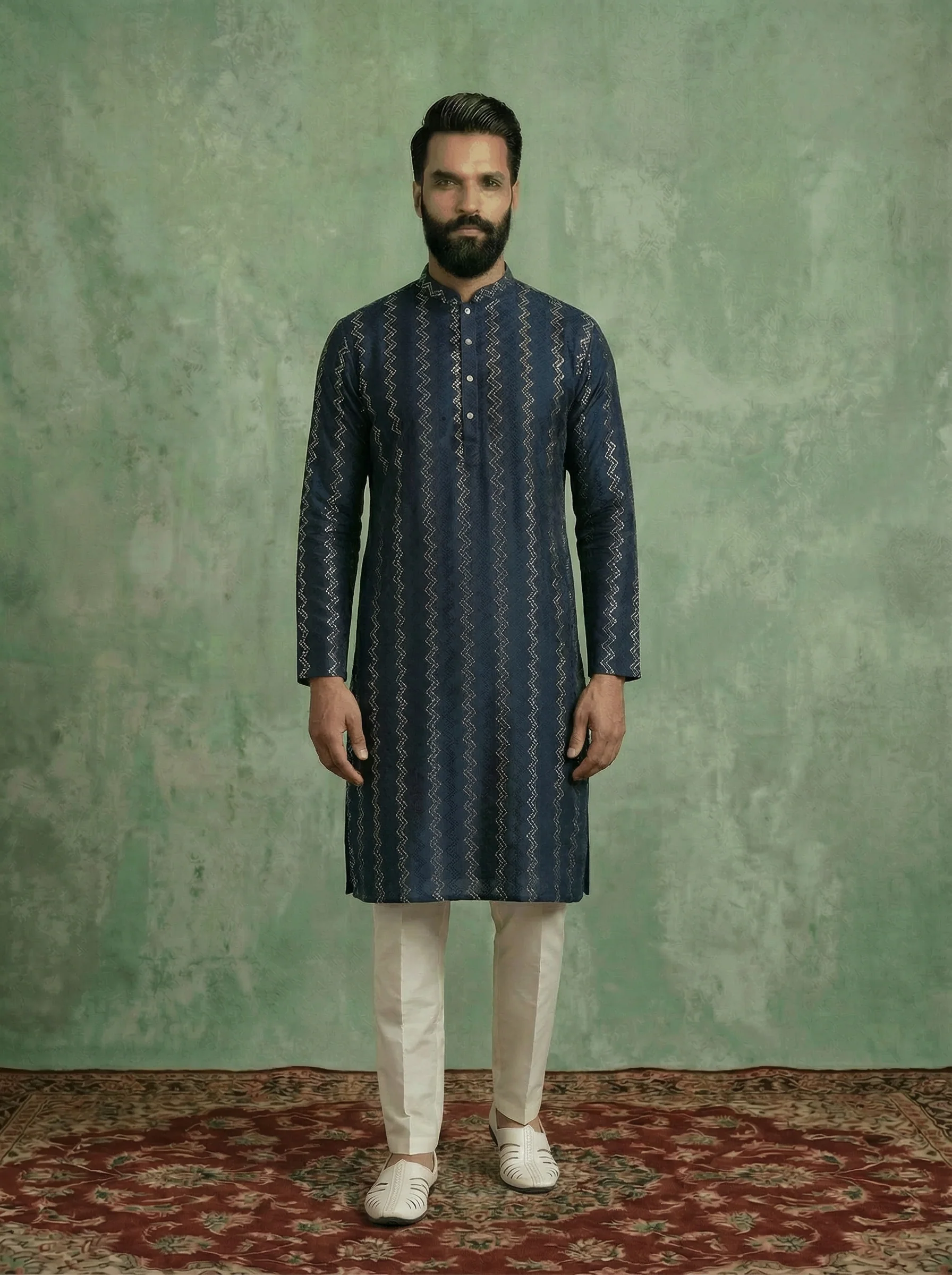Blue Cotton Blend Embroidered Kurta Trouser Set