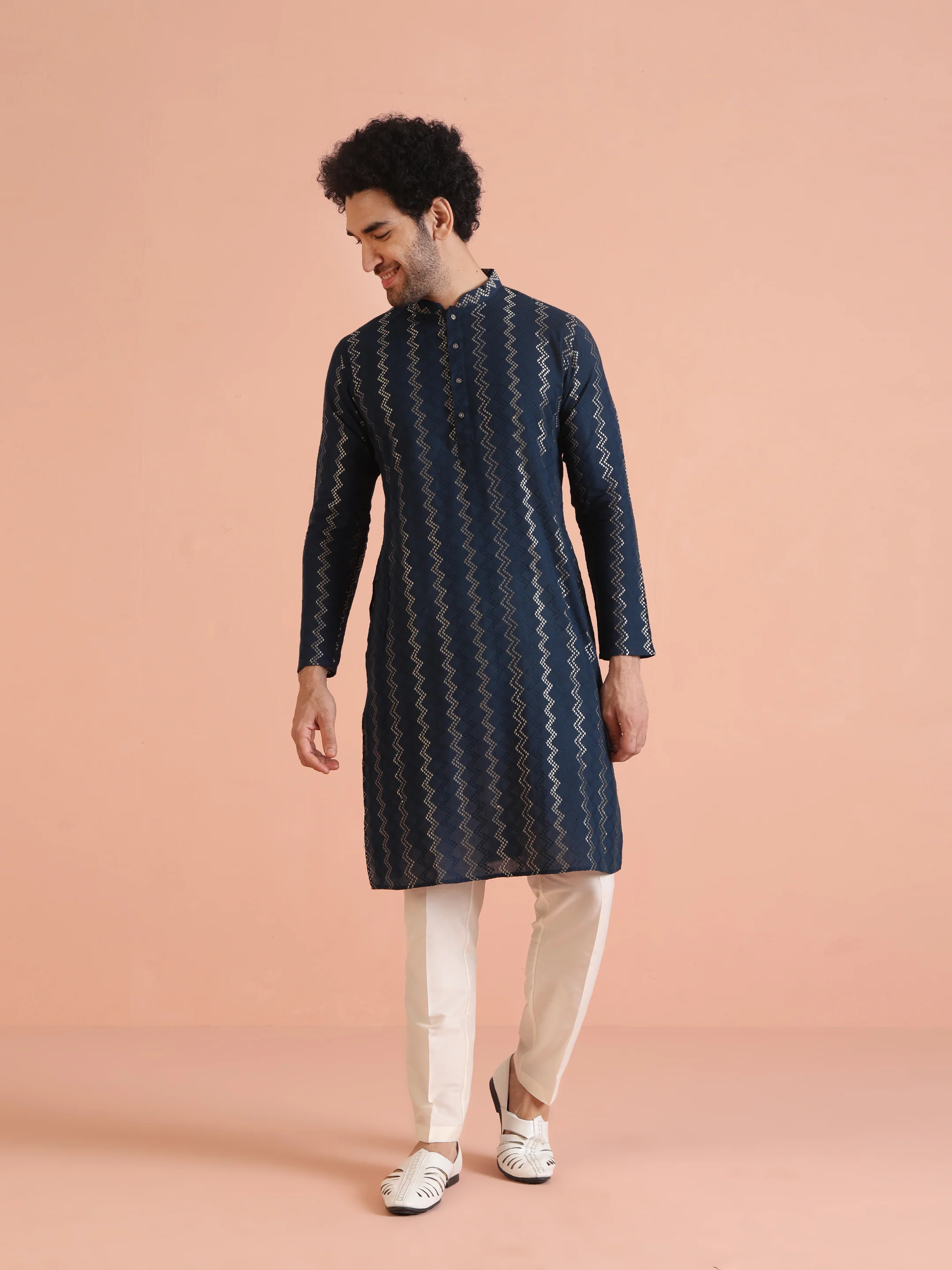 Blue Cotton Blend Embroidered Kurta Trouser Set - Image 7