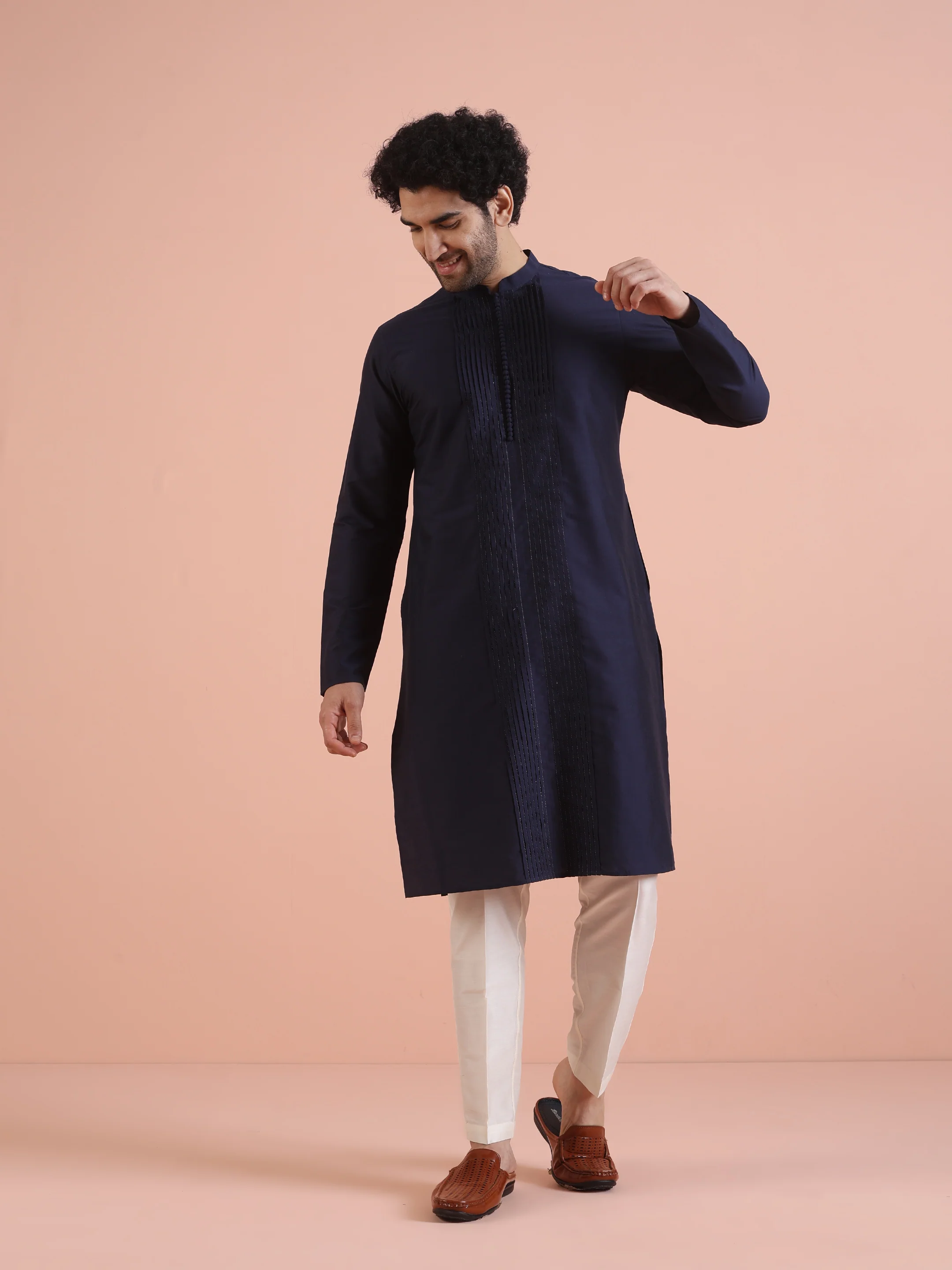 Blue Cotton Blend Pleated Kurta Trouser Set - Image 8