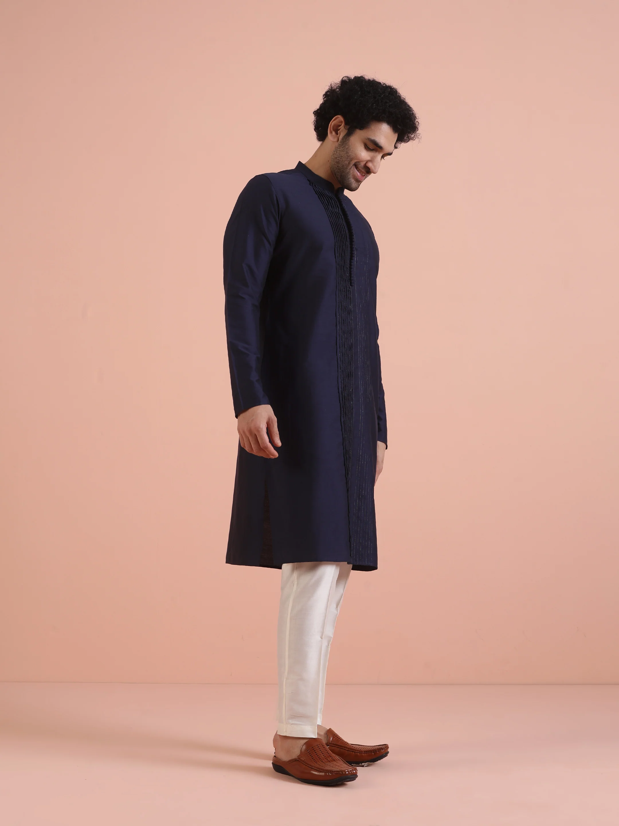 Blue Cotton Blend Pleated Long Kurta - Image 2