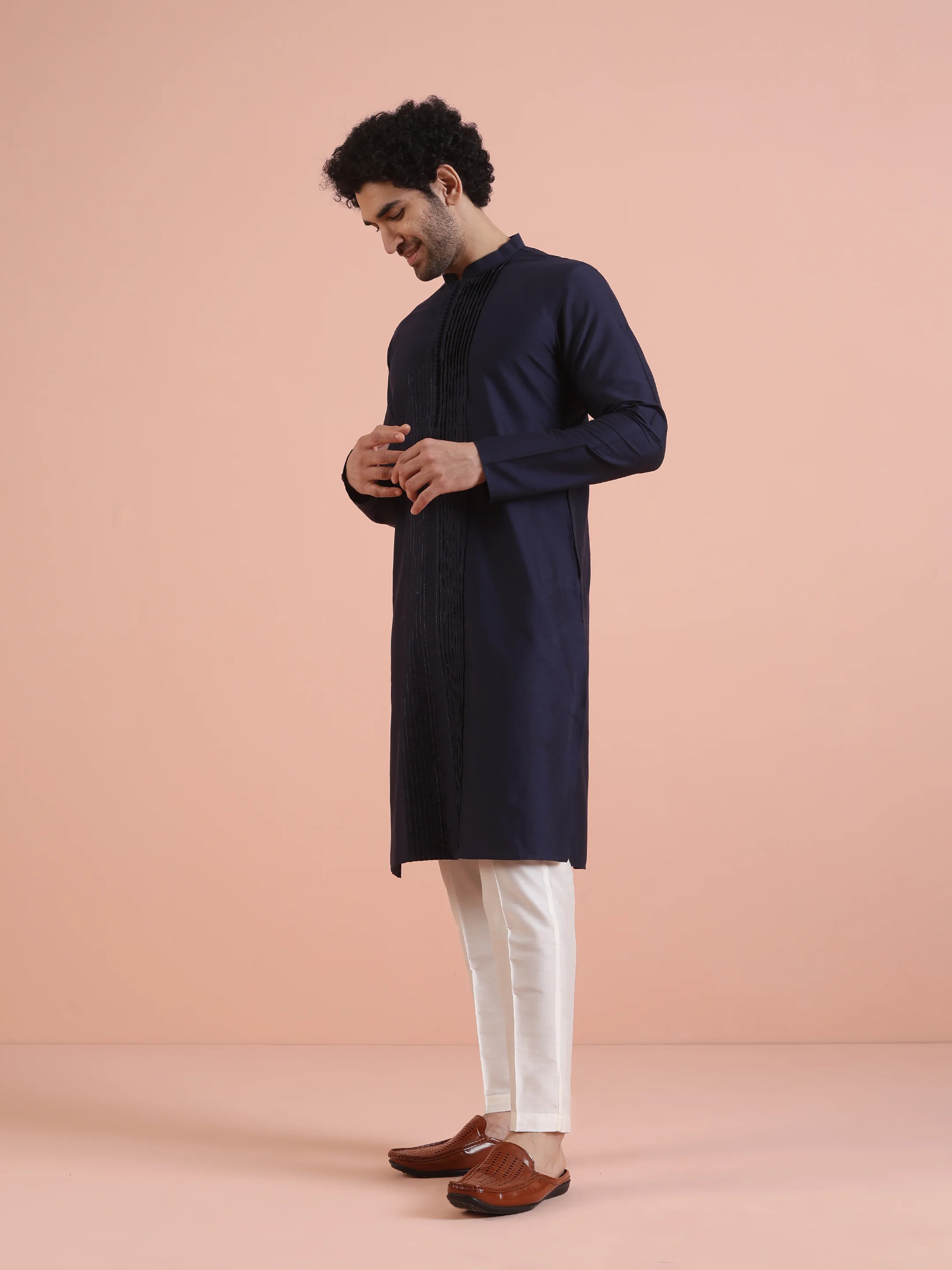Blue Cotton Blend Pleated Long Kurta - Image 3