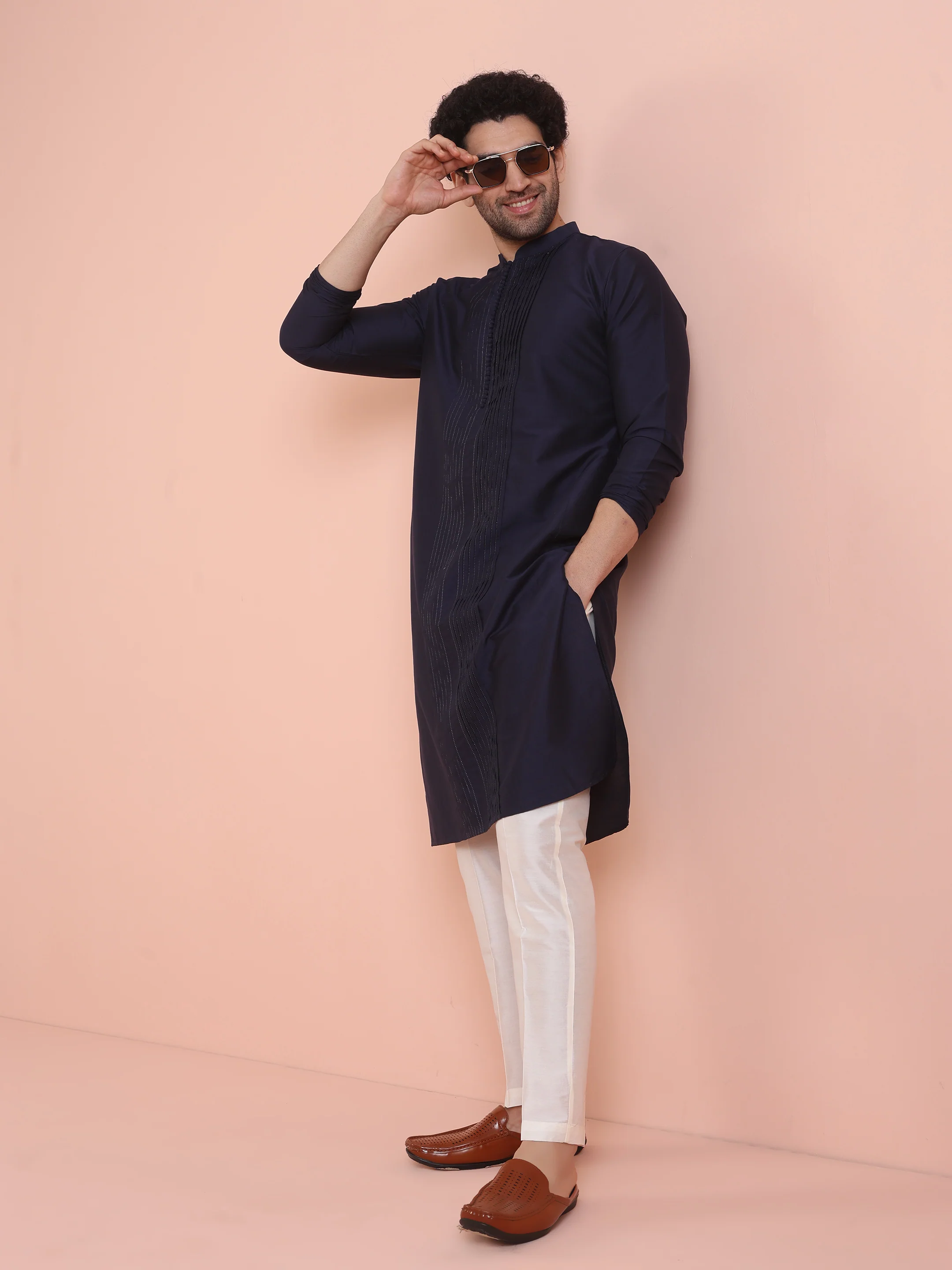 Blue Cotton Blend Pleated Long Kurta - Image 7