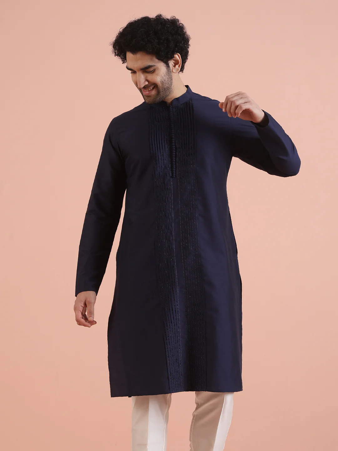 Blue Cotton Blend Pleated Long Kurta - Image 8