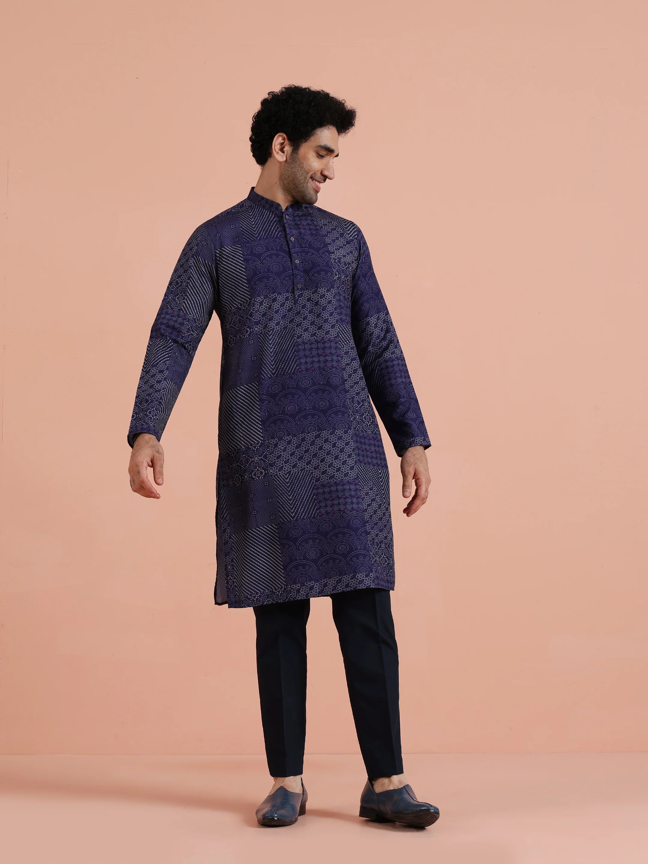 Navy Blue Art Silk Printed Long Kurta - Image 3