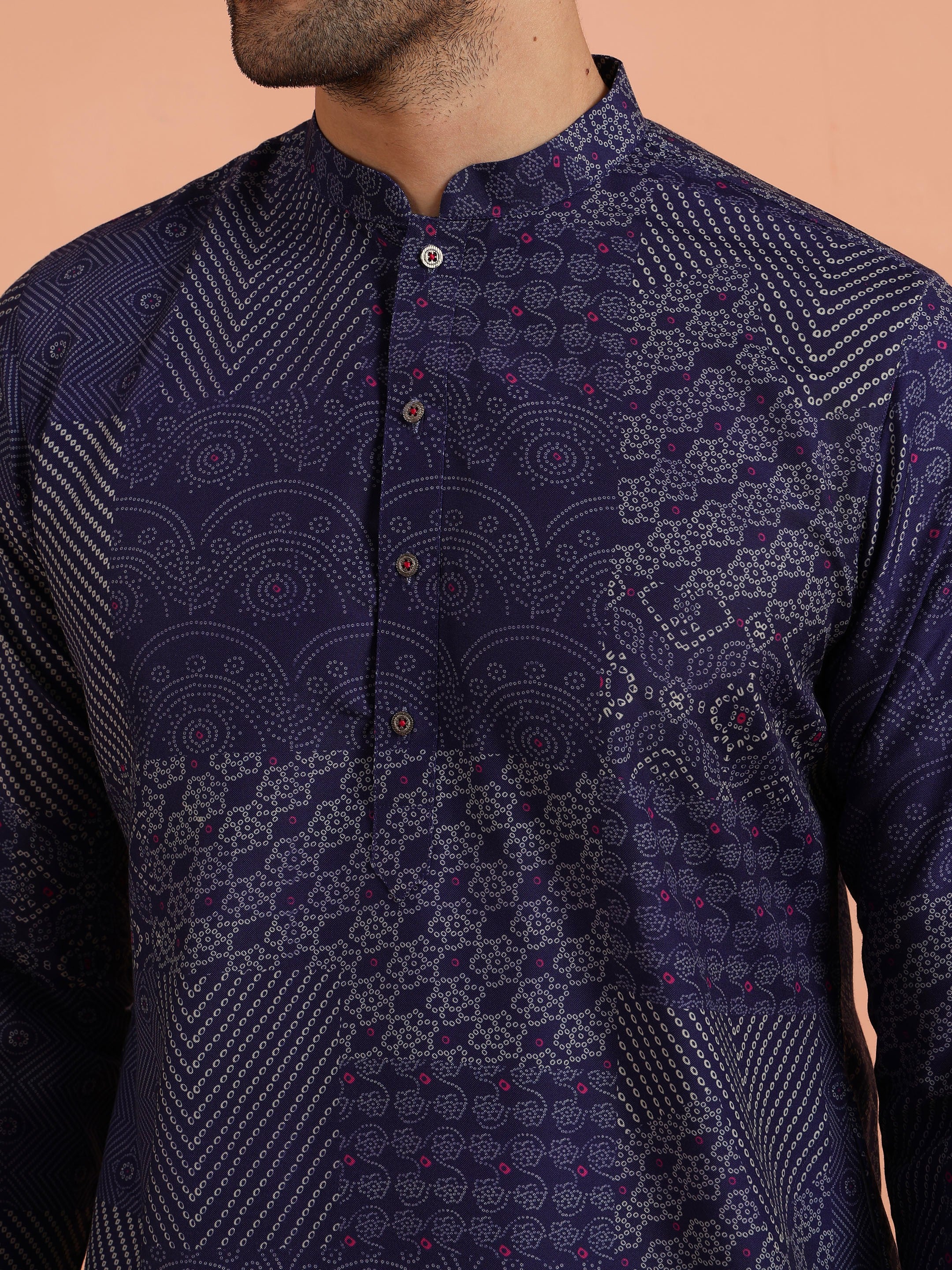 Navy Blue Art Silk Printed Long Kurta - Image 5