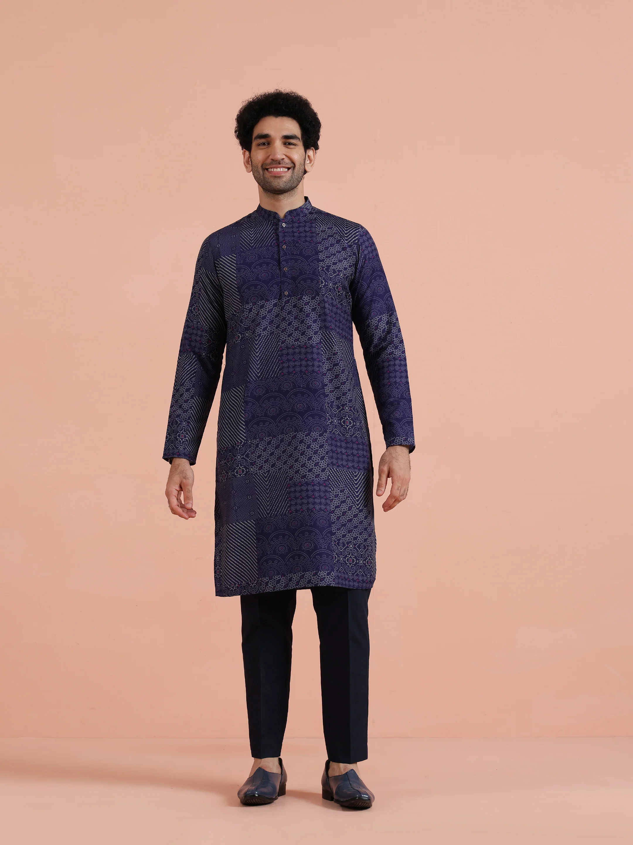 Navy Blue Art Silk Printed Long Kurta - Image 7