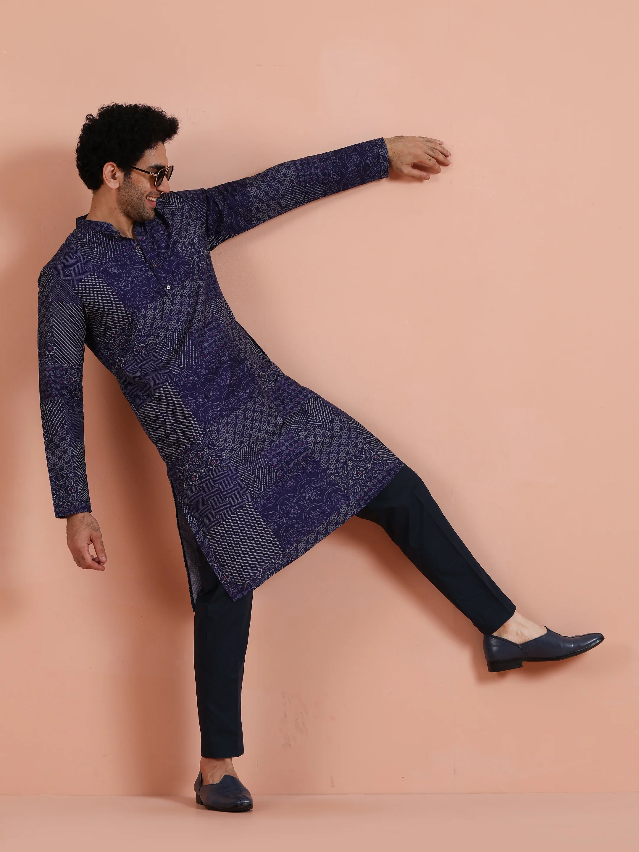Navy Blue Silk Printed Patchwork Kurta Trouser Set