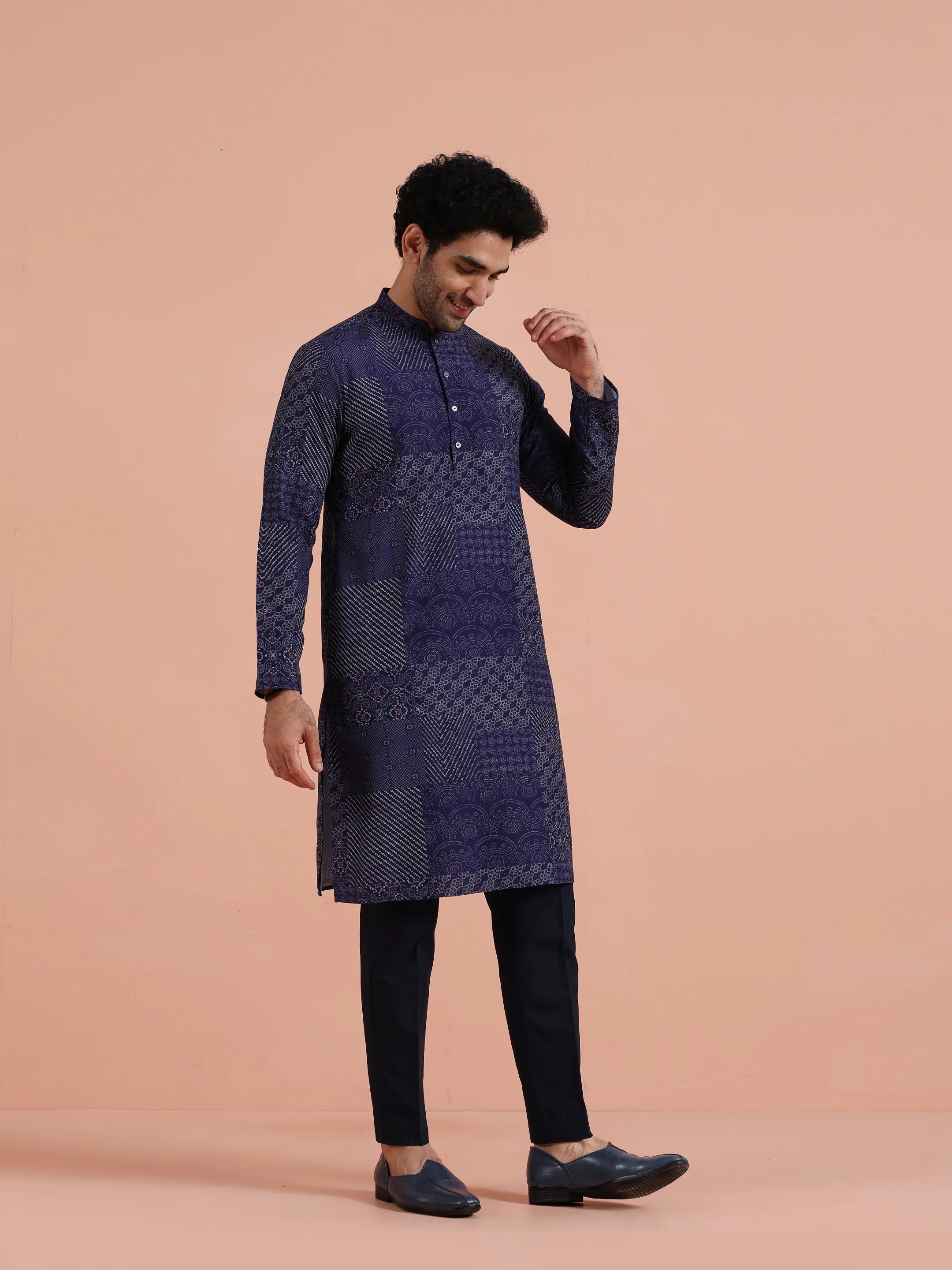 Navy Blue Silk Printed Patchwork Kurta Trouser Set - Image 2