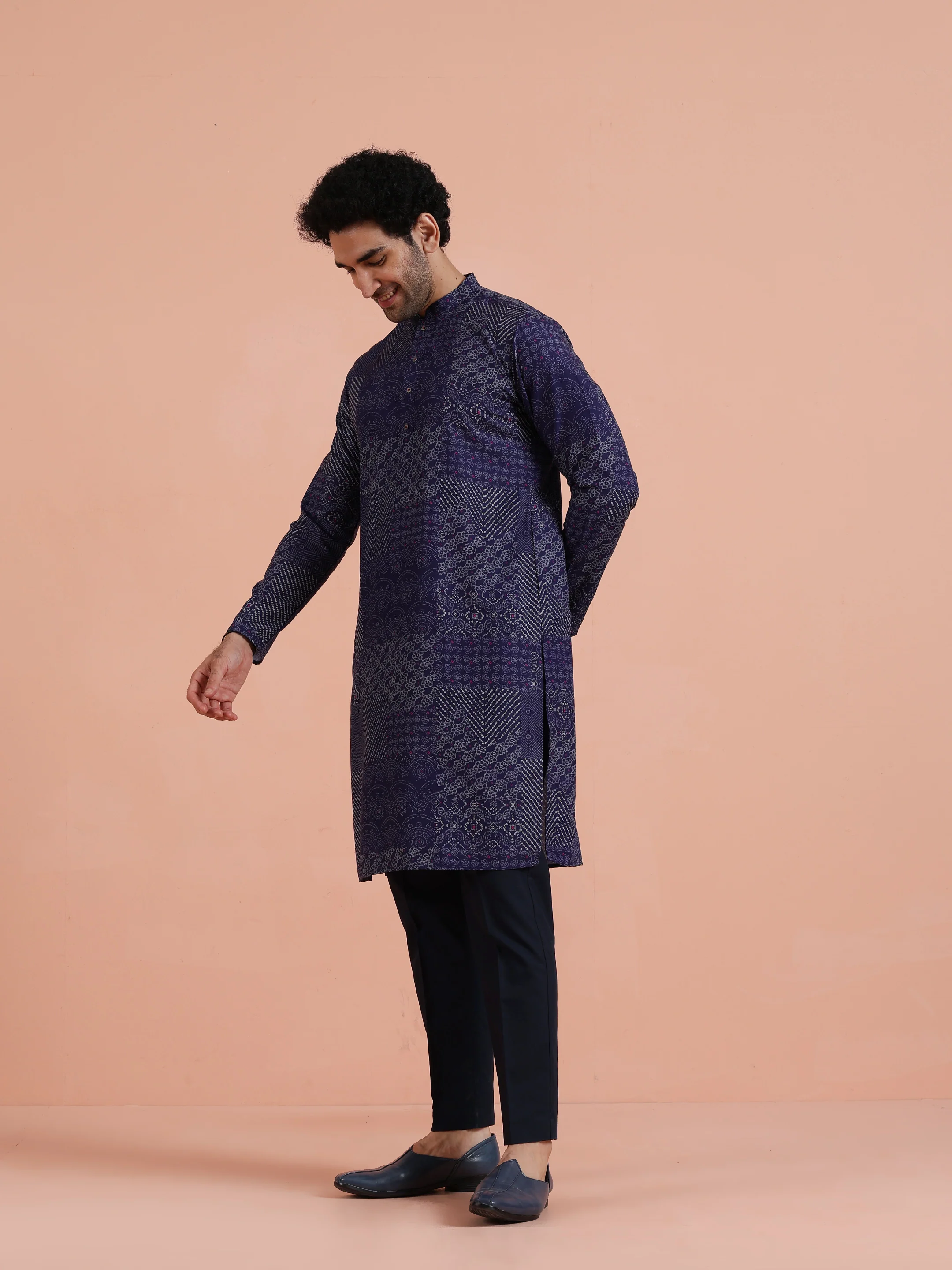 Navy Blue Silk Printed Patchwork Kurta Trouser Set - Image 3