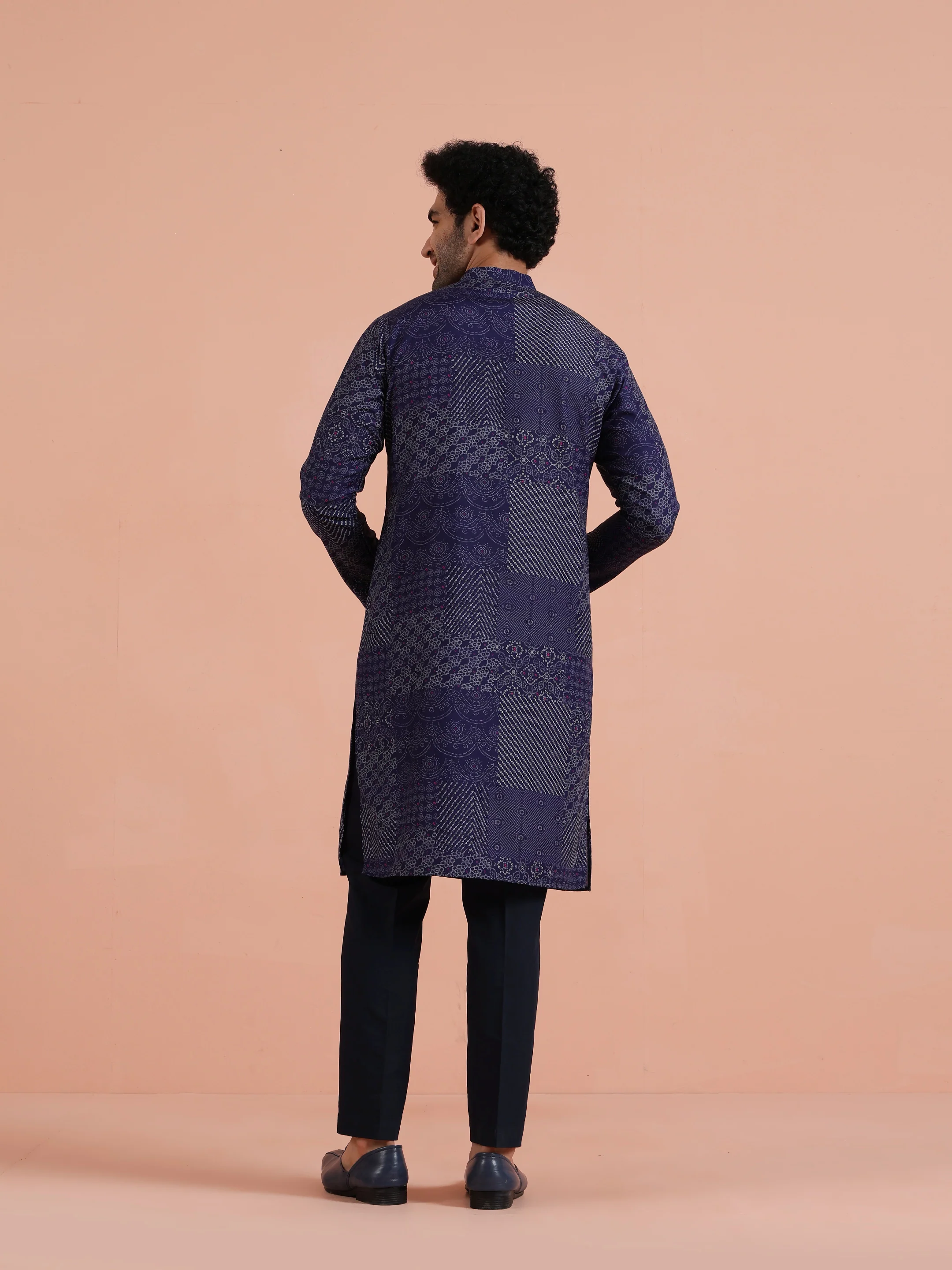 Navy Blue Silk Printed Patchwork Kurta Trouser Set - Image 4