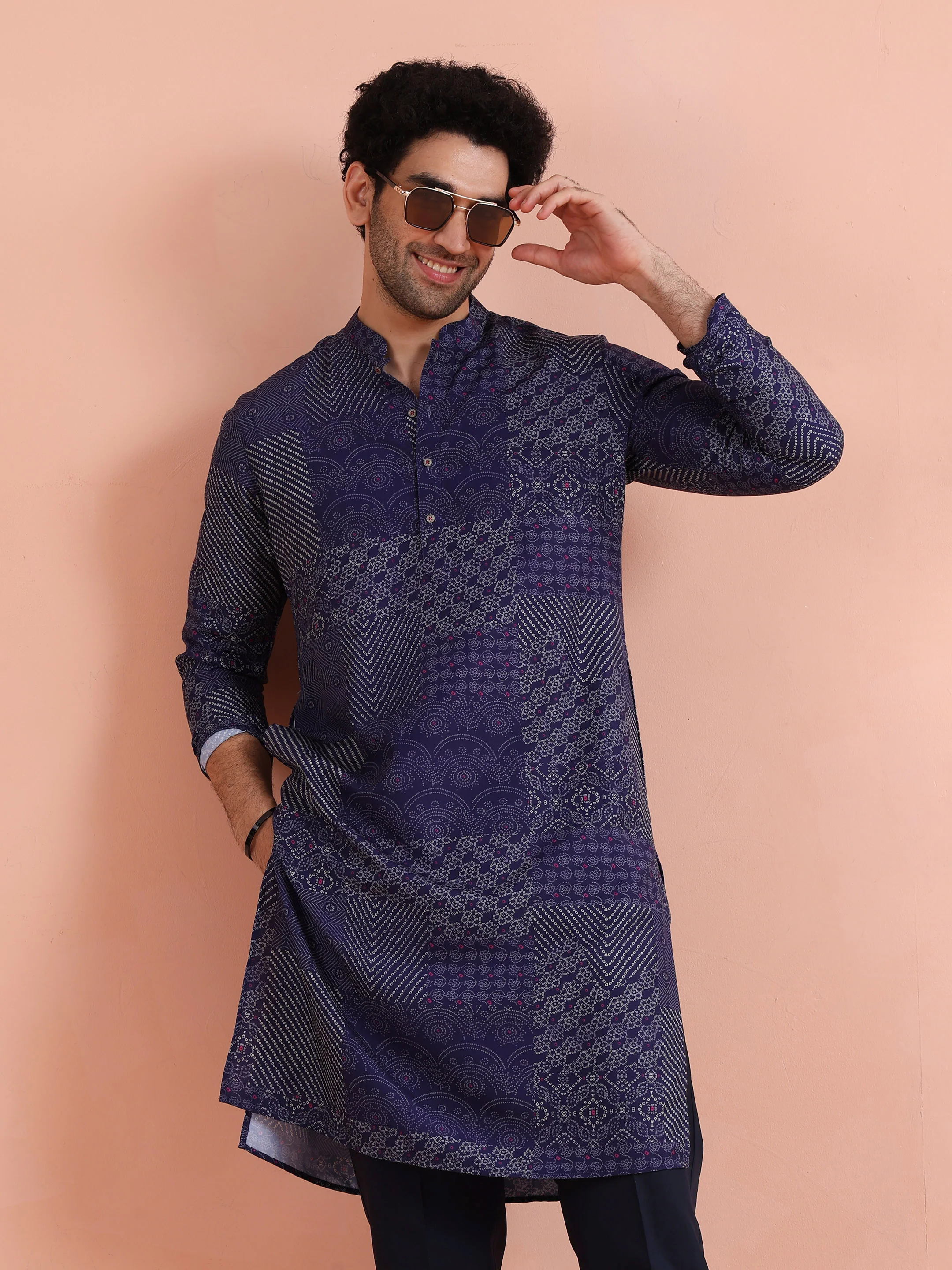 Navy Blue Silk Printed Patchwork Kurta Trouser Set - Image 9