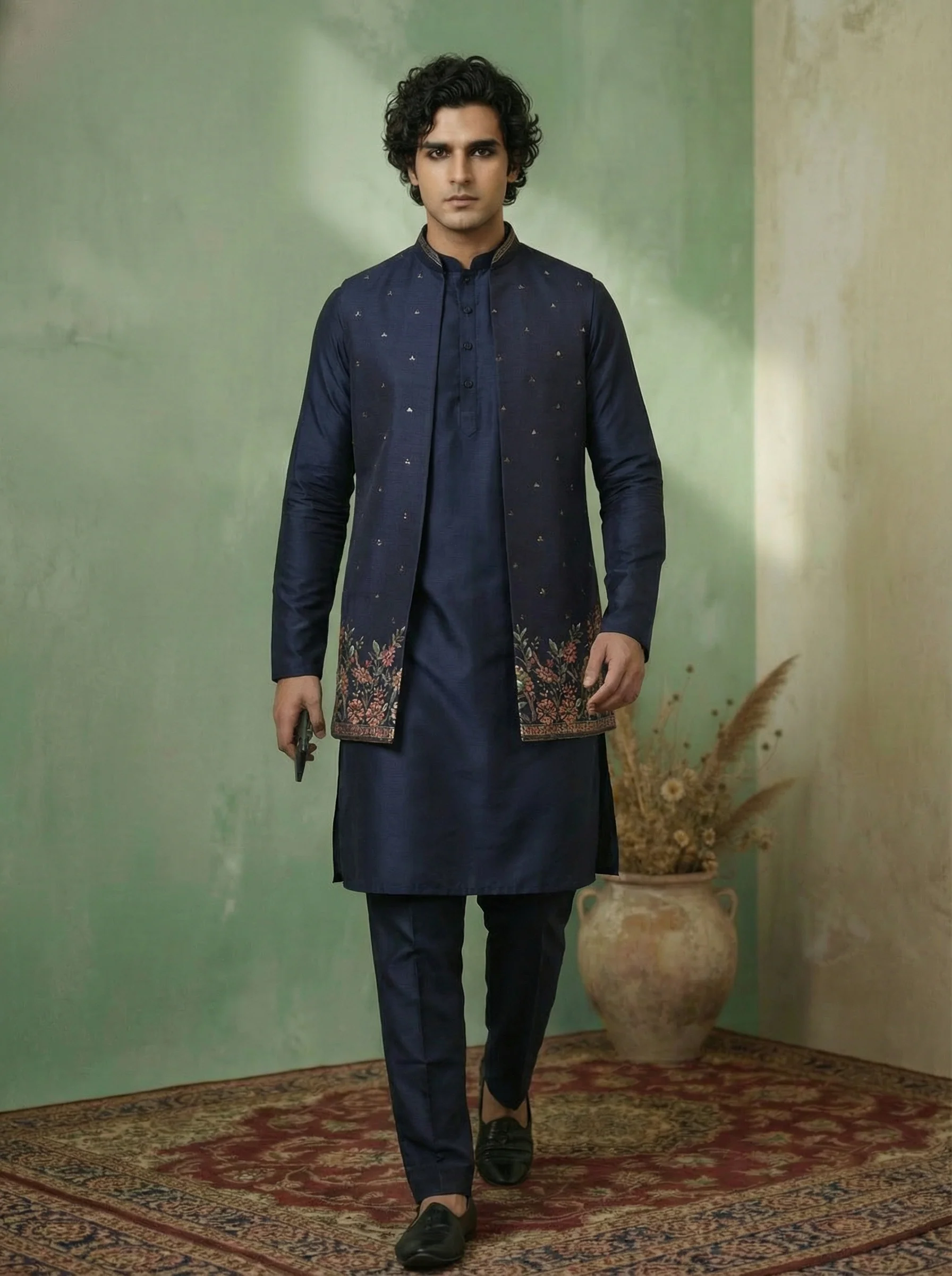 Blue Cotton Embroidered Kurta Front Open Jacket Trouser Set