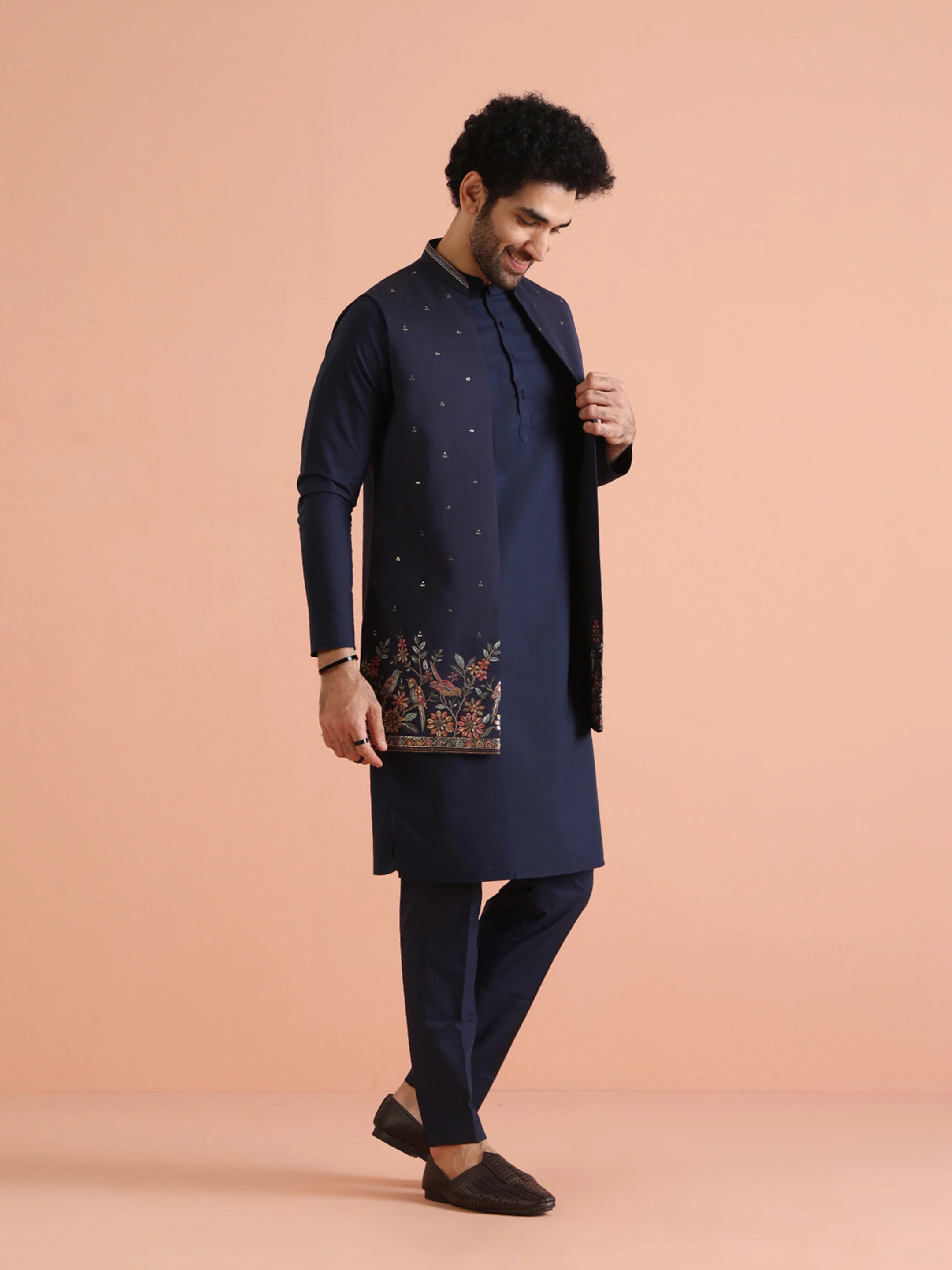 Blue Cotton Embroidered Kurta Front Open Jacket Trouser Set - Image 2