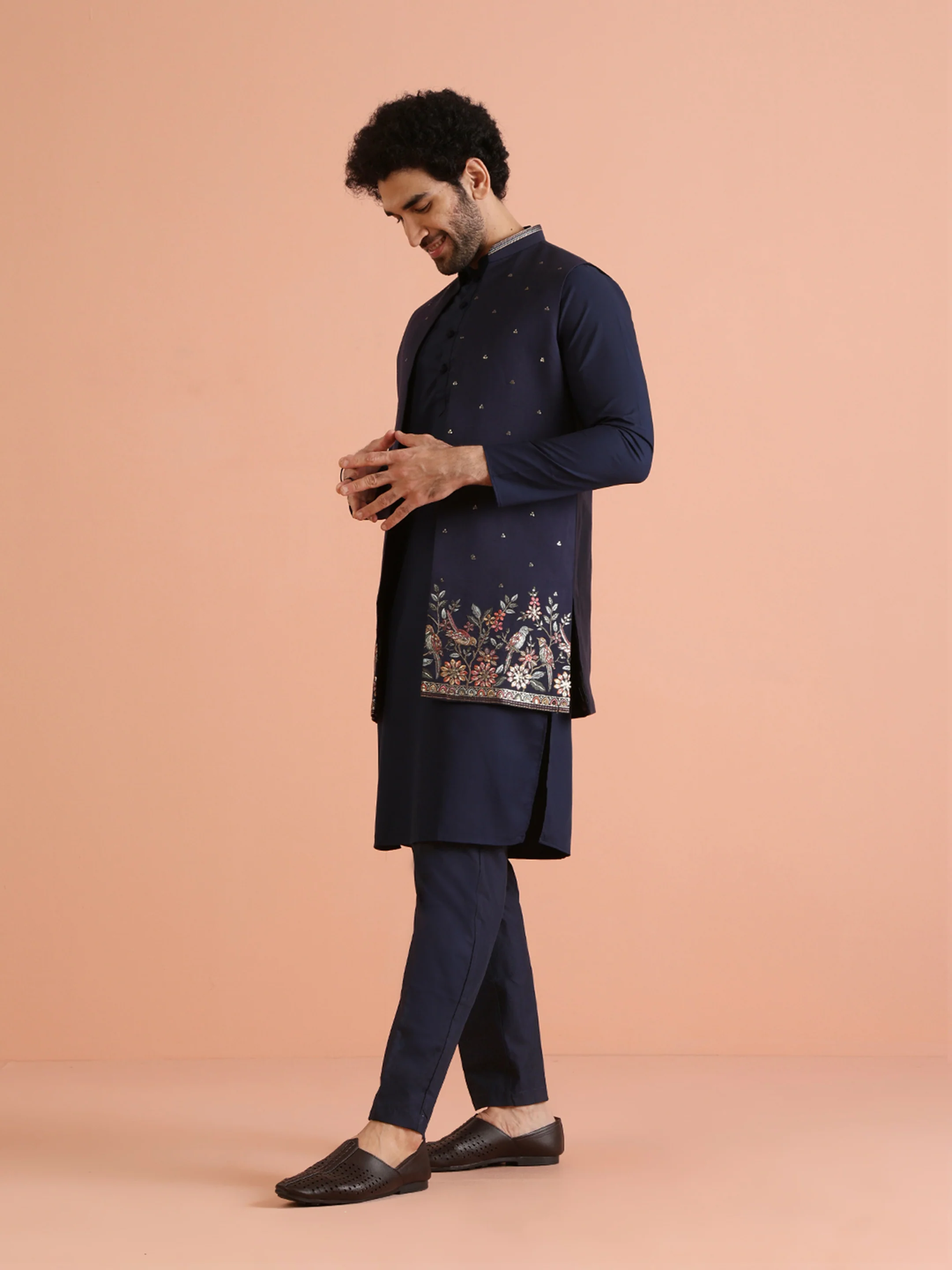 Blue Cotton Embroidered Kurta Front Open Jacket Trouser Set - Image 3