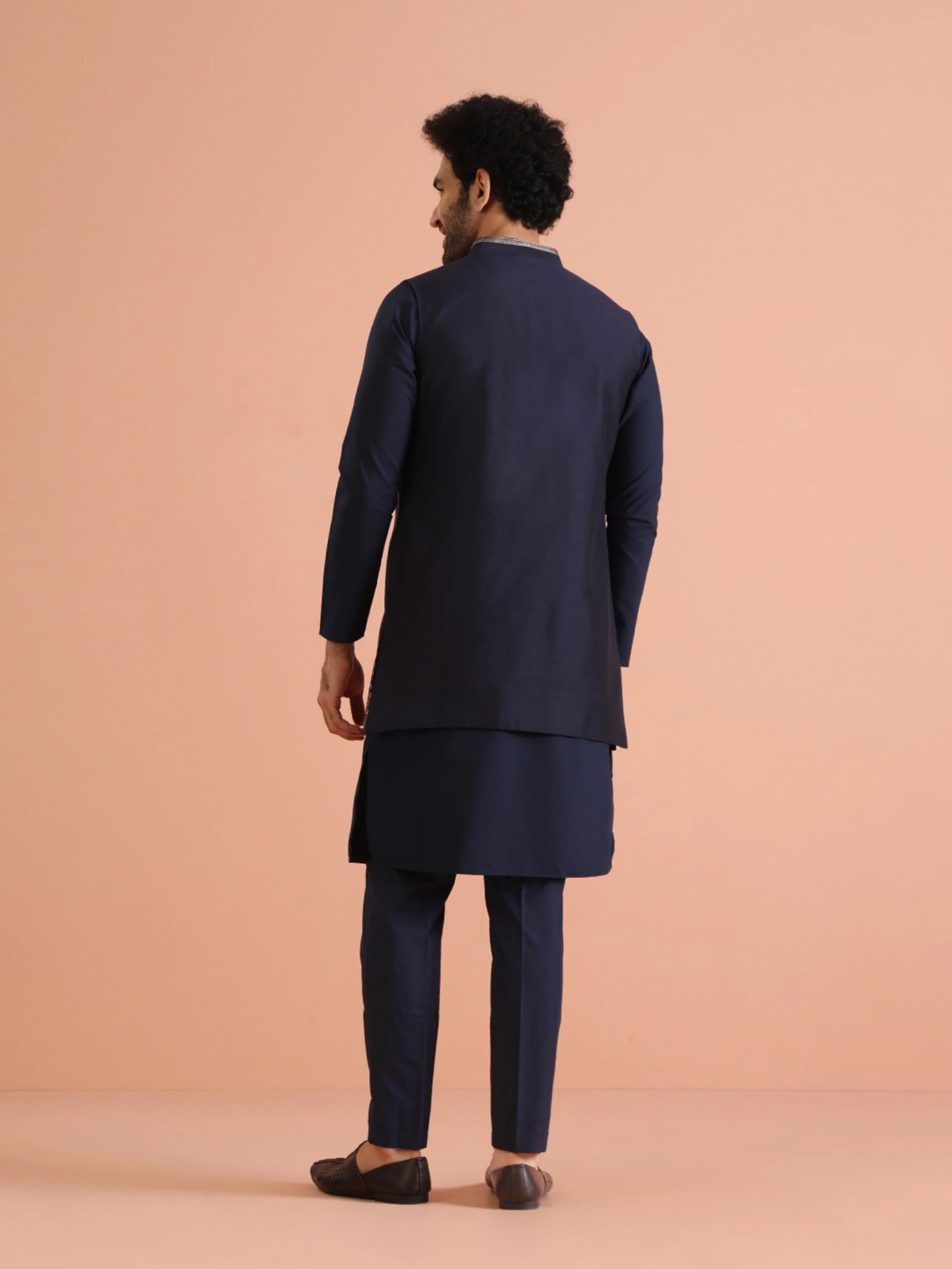 Blue Cotton Embroidered Kurta Front Open Jacket Trouser Set - Image 4